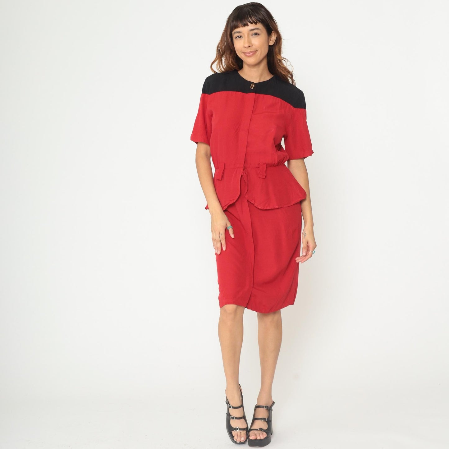 90s Color Block Midi Dress Red Black Peplum Button Front Short Sleeve Medium