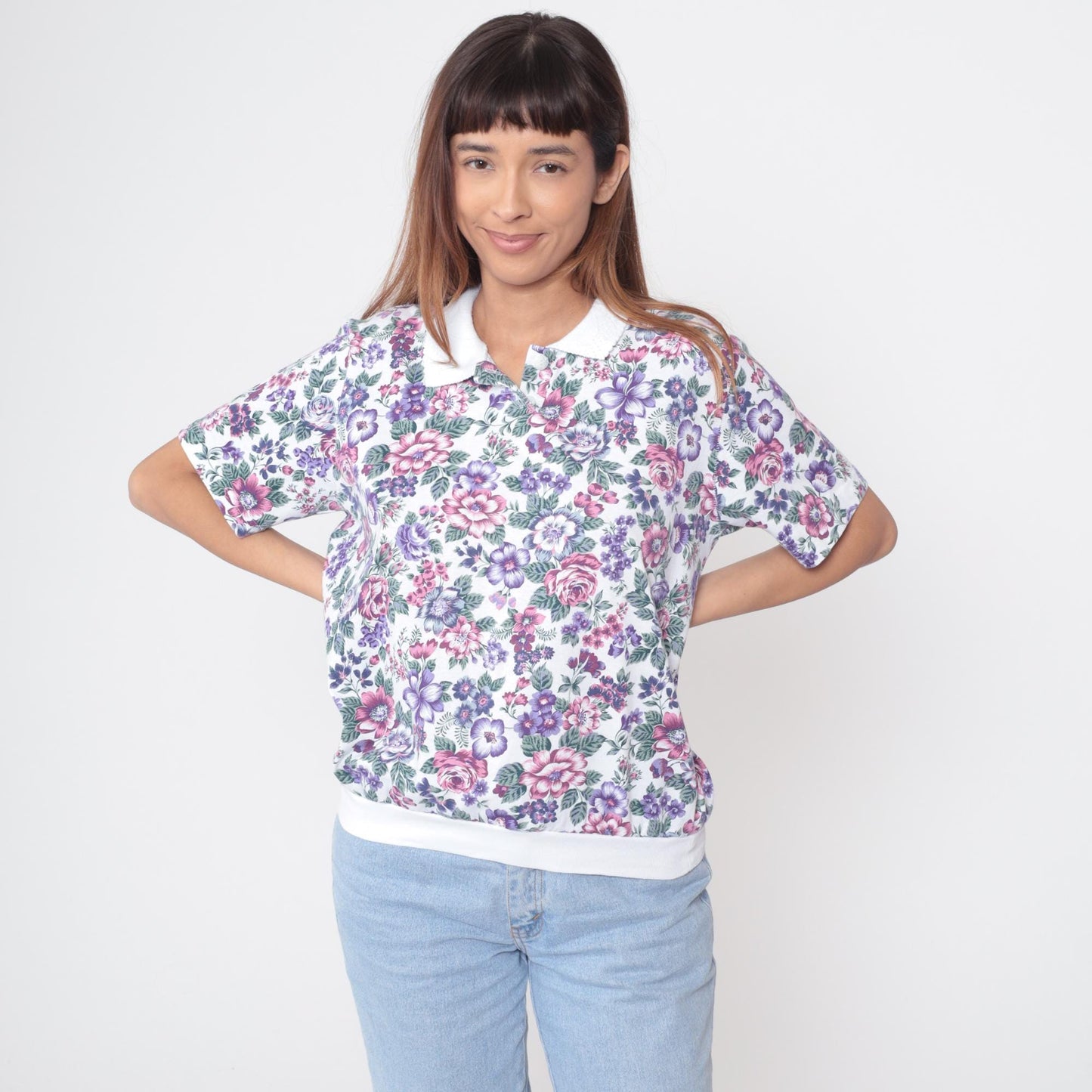 90s Cascade Blues Floral Polo Shirt Pink Purple Rose White Collar Large L