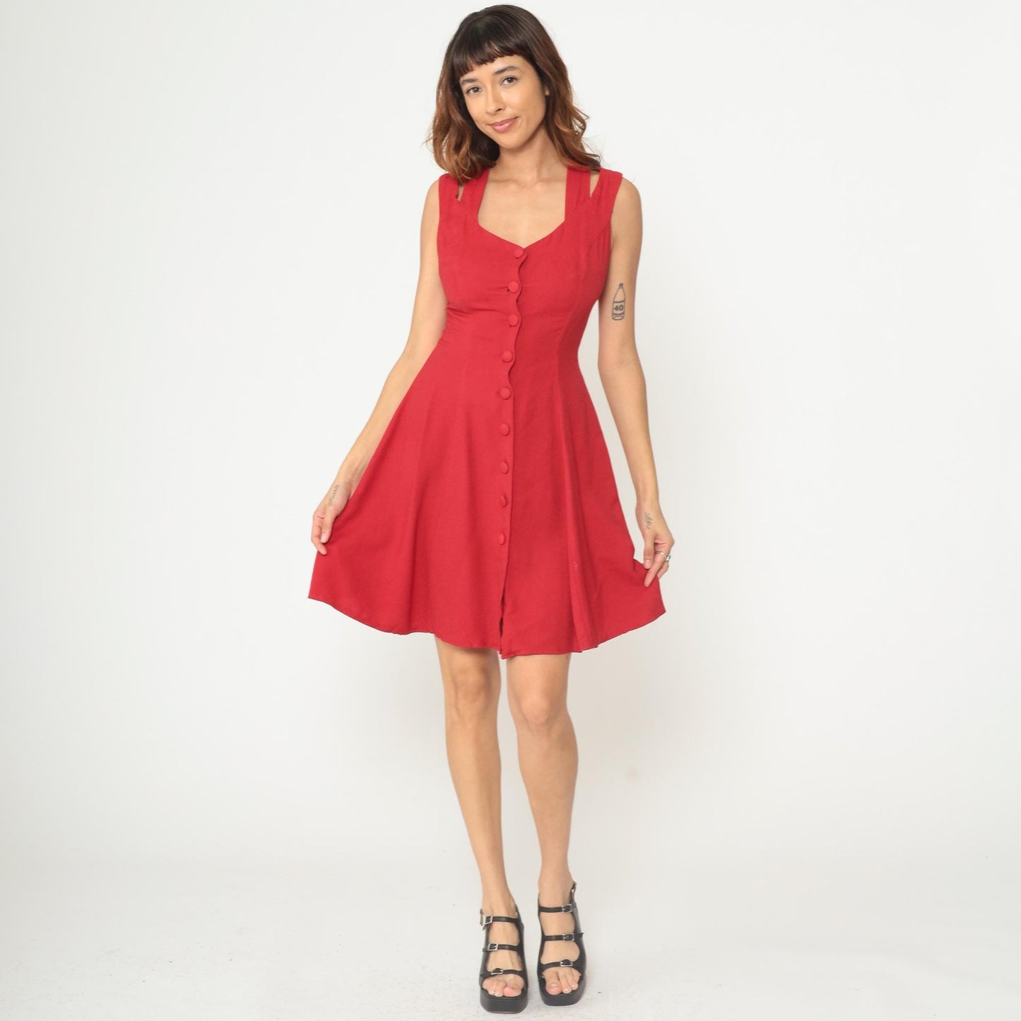 90s Tomato Red Mini Dress Cross-Back Button Front Sweetheart Neckline Small