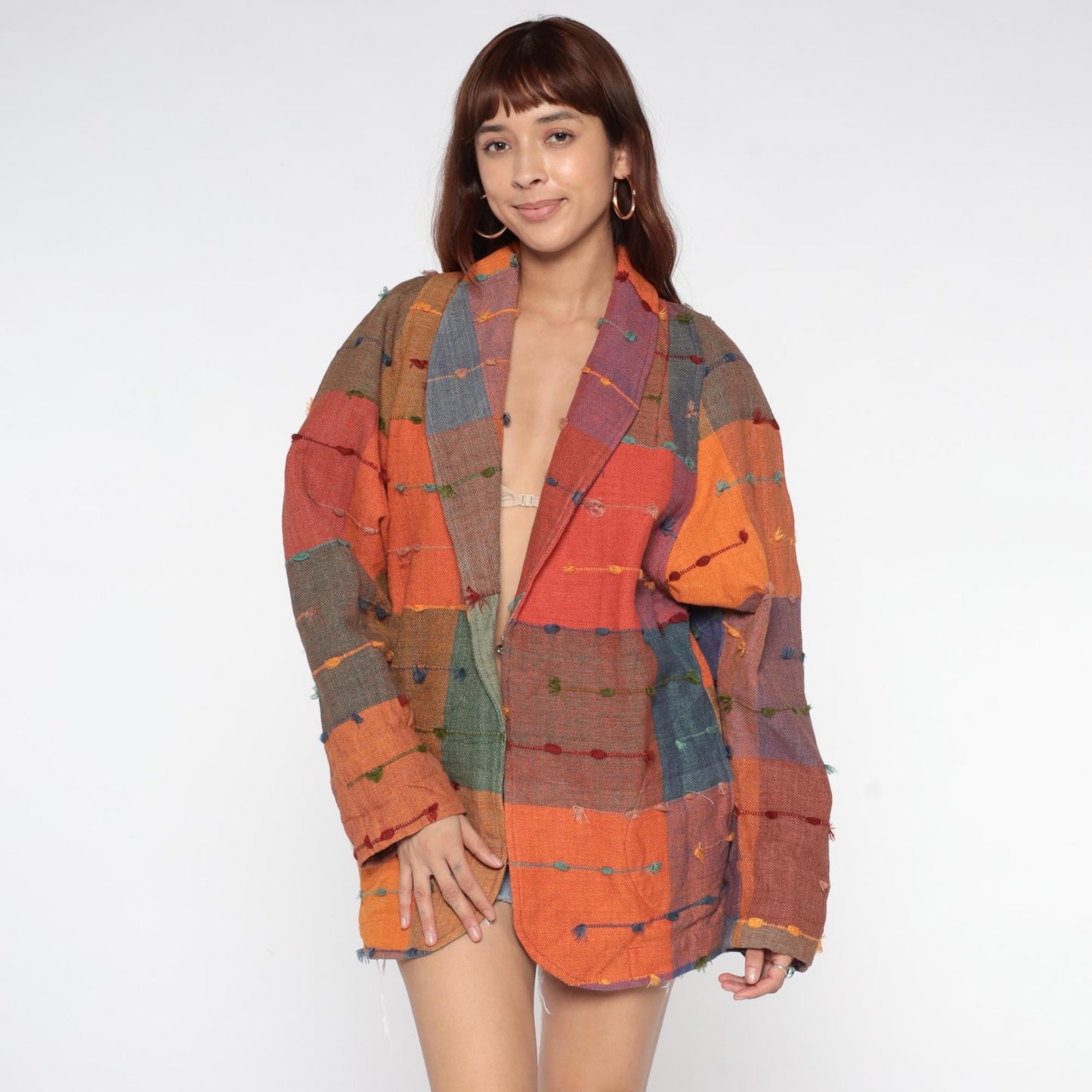 90s Patchwork Cotton Jacket Multicolor Block Button Front Medium M