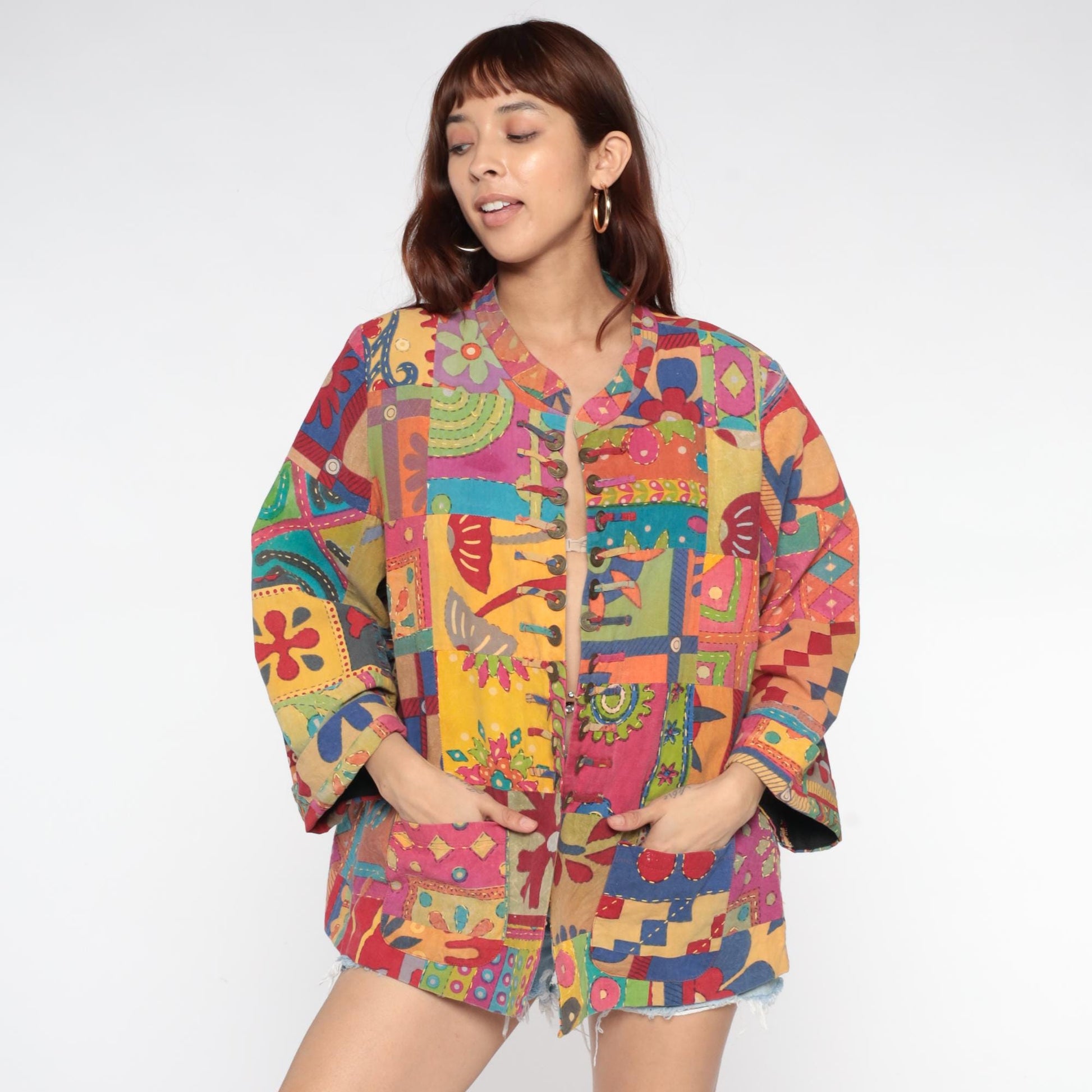 Y2K Rainbow Patchwork Cotton Jacket Embroidered Floral Button Front Extra Large
