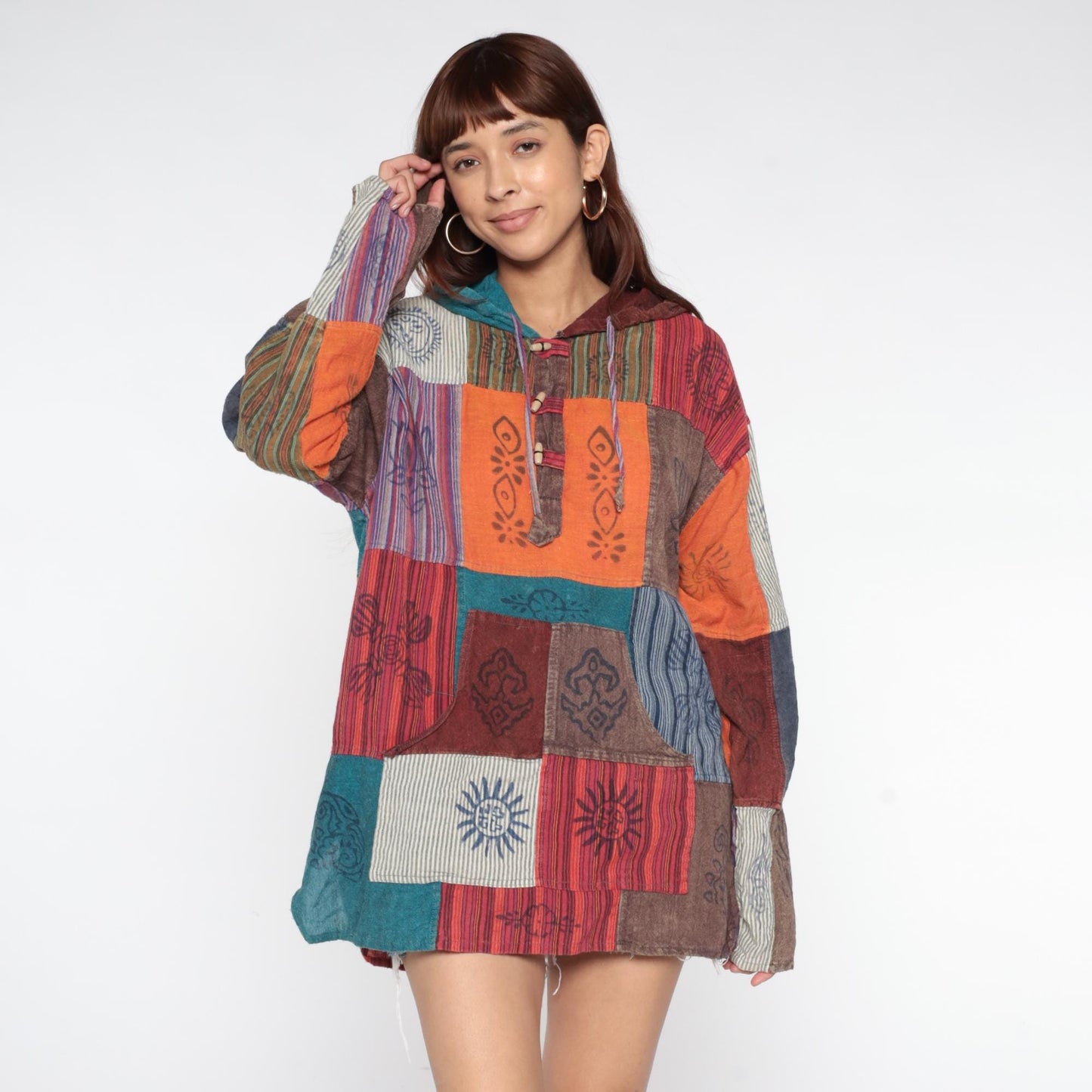Y2K Patchwork Hoodie Block Print Cotton Button Front Medium Large