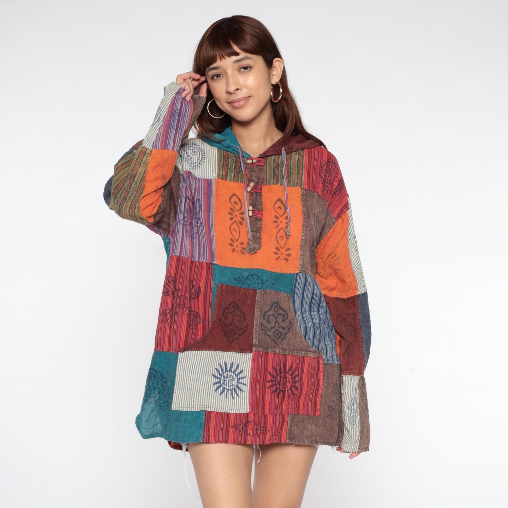 Y2K Patchwork Hoodie Block Print Cotton Button Front Medium Large