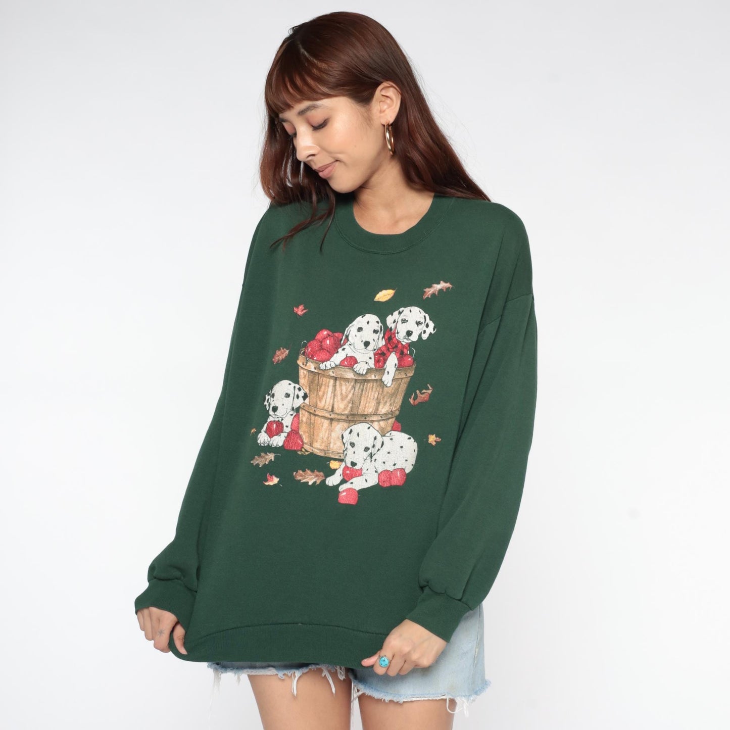90s Dalmatian Puppy Apple Basket Sweatshirt Forest Green Graphic Large L