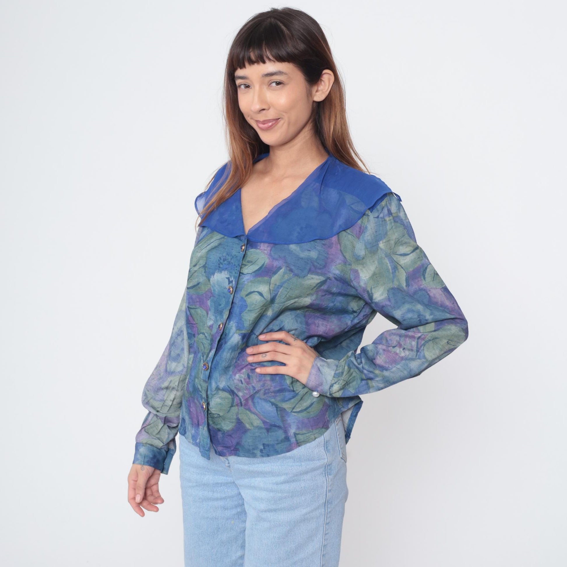 90s Marie St Money Watercolor Floral Button-Down Blouse Blue Purple Large L