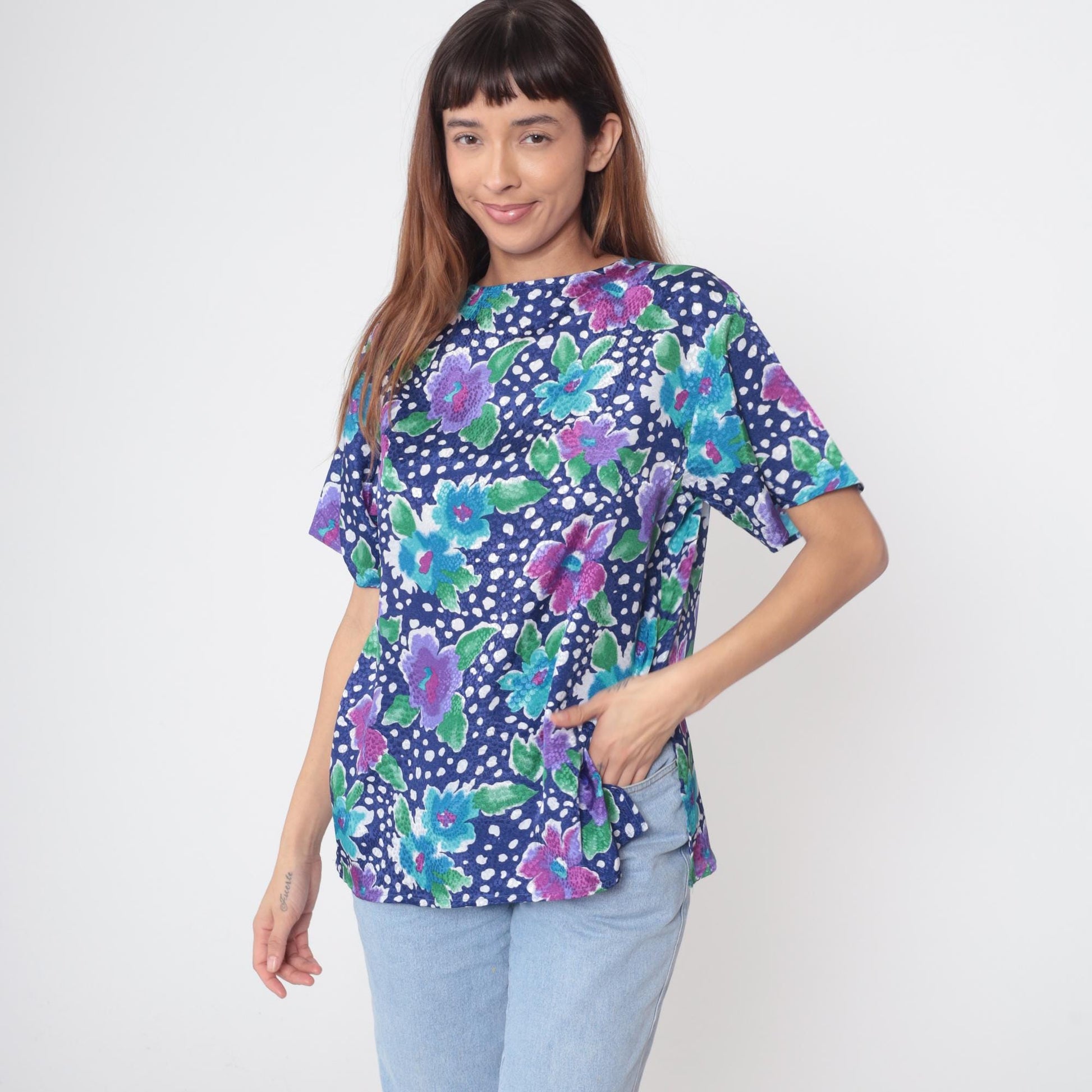 90s Sybil California Floral Polka Dot Blouse Navy Short Sleeve Medium