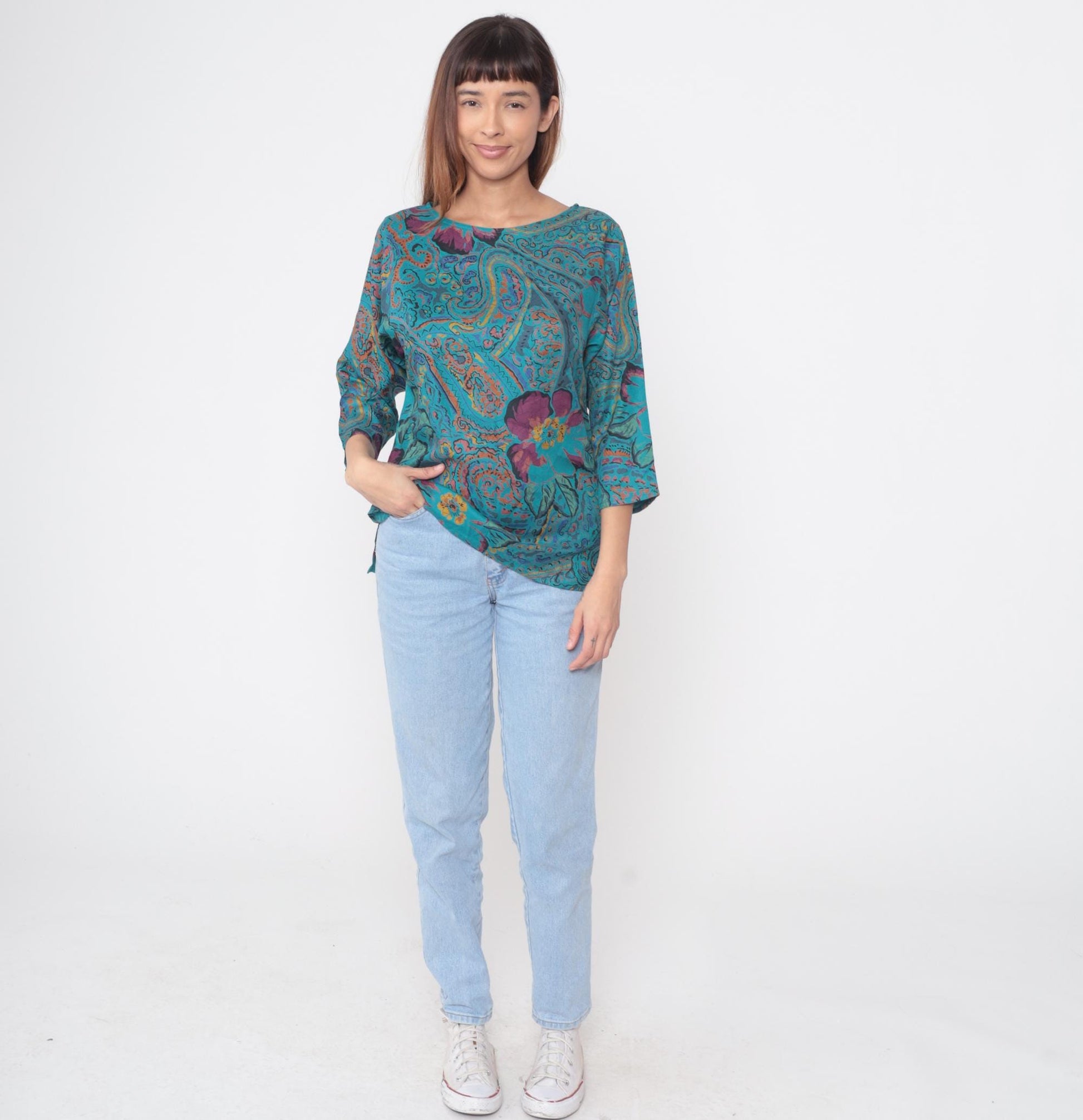 90s Bianca Paisley Floral Blouse Teal Purple Orange Rayon Medium