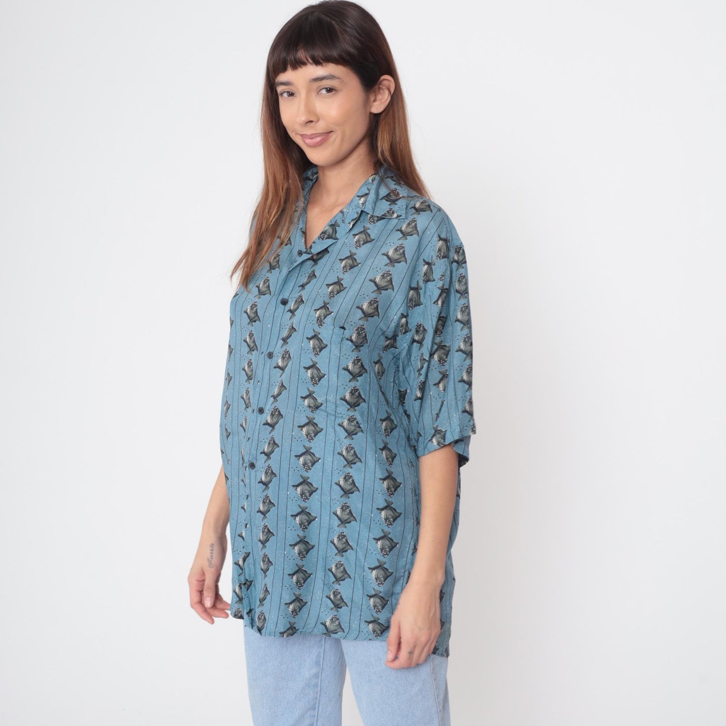 90s Bruno Silk Fish Print Button Down Shirt Blue Medium M