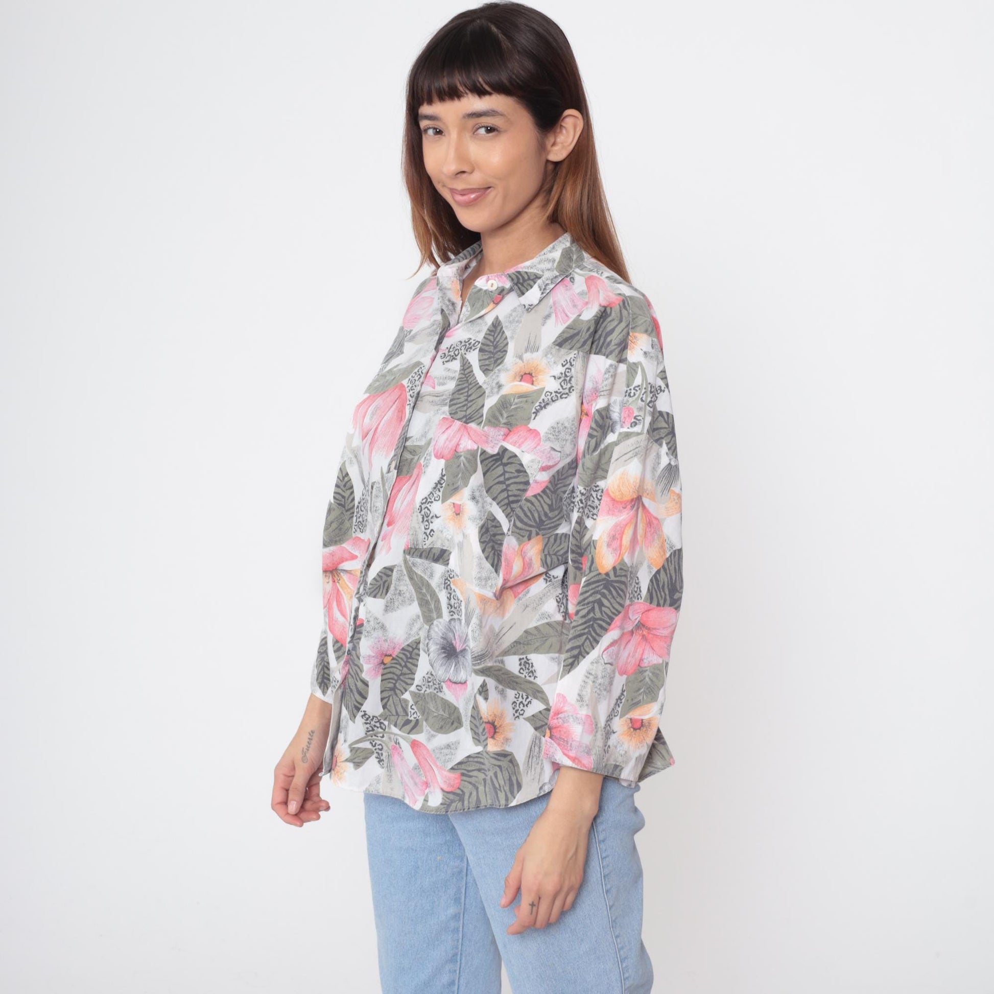 90s Box Office Floral Button Down Shirt Pink Orange Green Tropical Large L