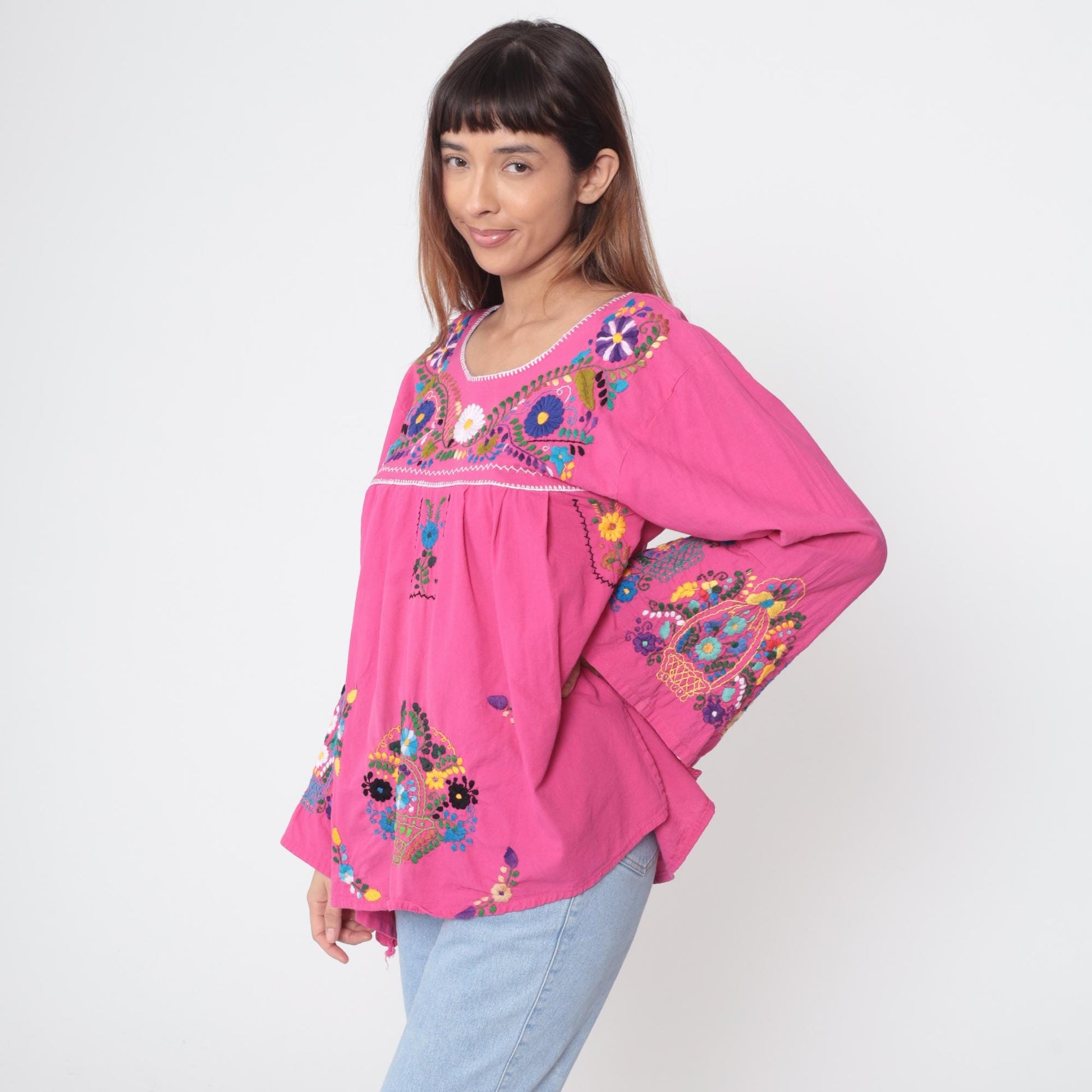 90s Embroidered Bell Sleeve Blouse Fuchsia Floral Cotton Tunic Medium M