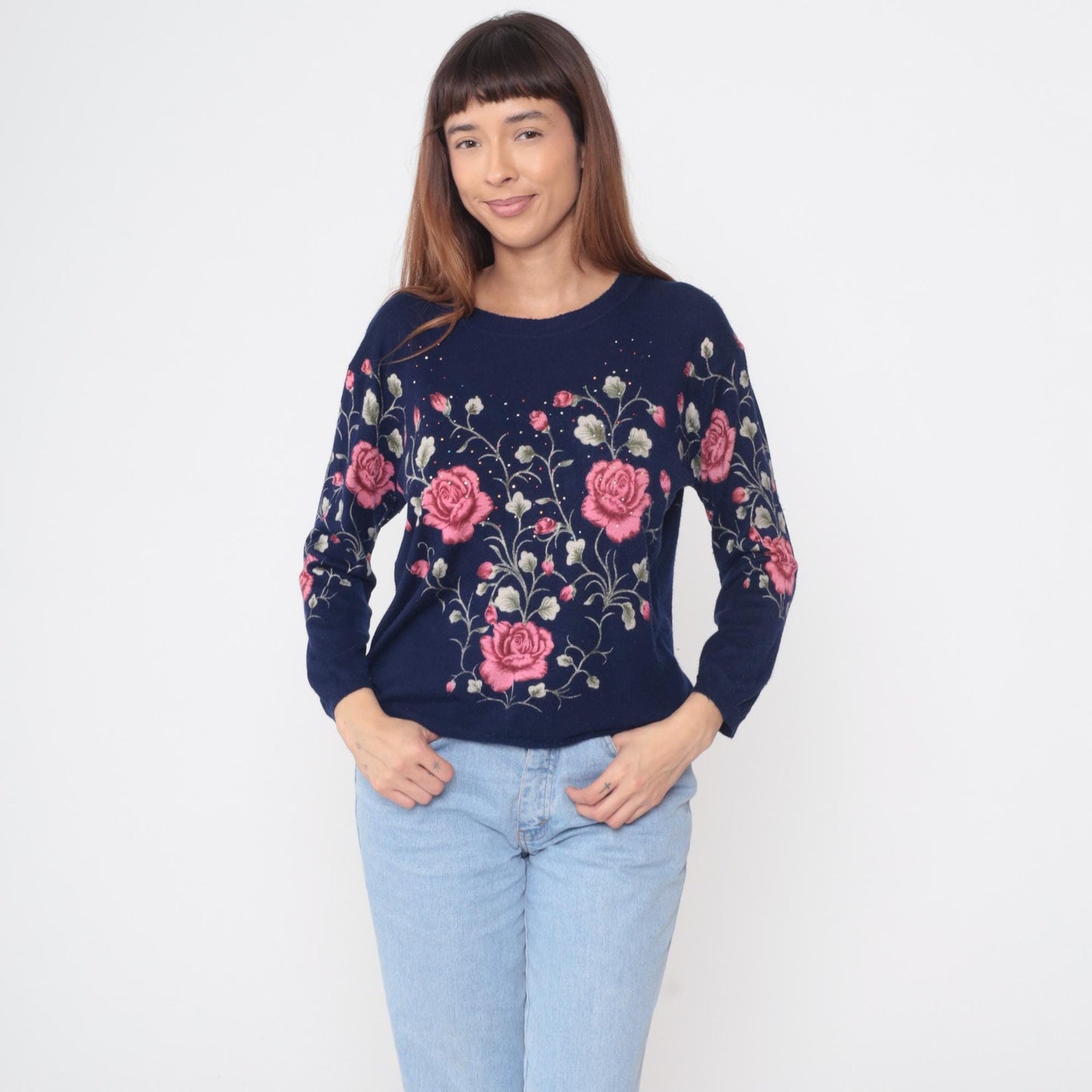 90s Navy Rose Embroidered Sweater Pink Beaded Knit Pullover Large L