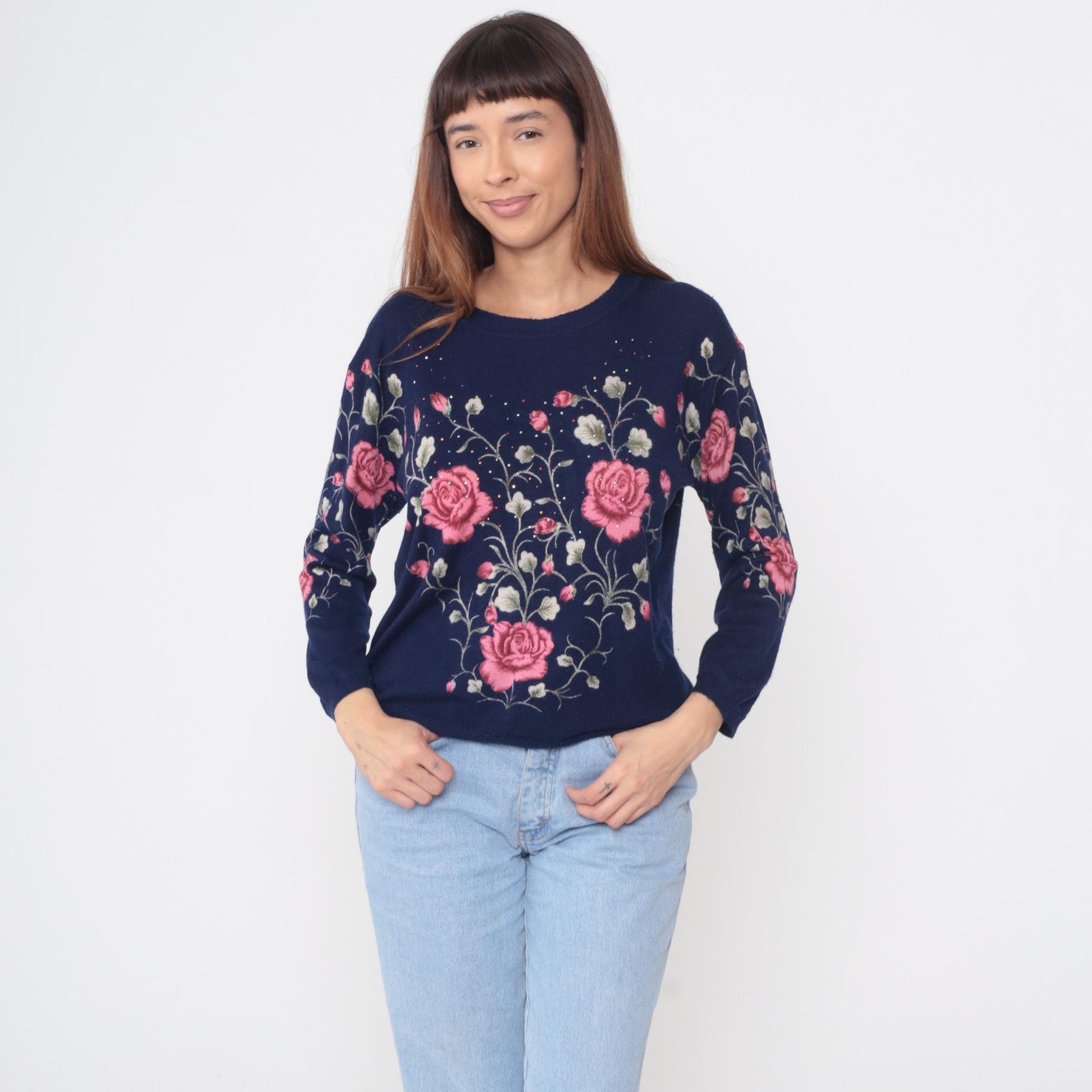 90s Navy Rose Embroidered Sweater Pink Beaded Knit Pullover Large L