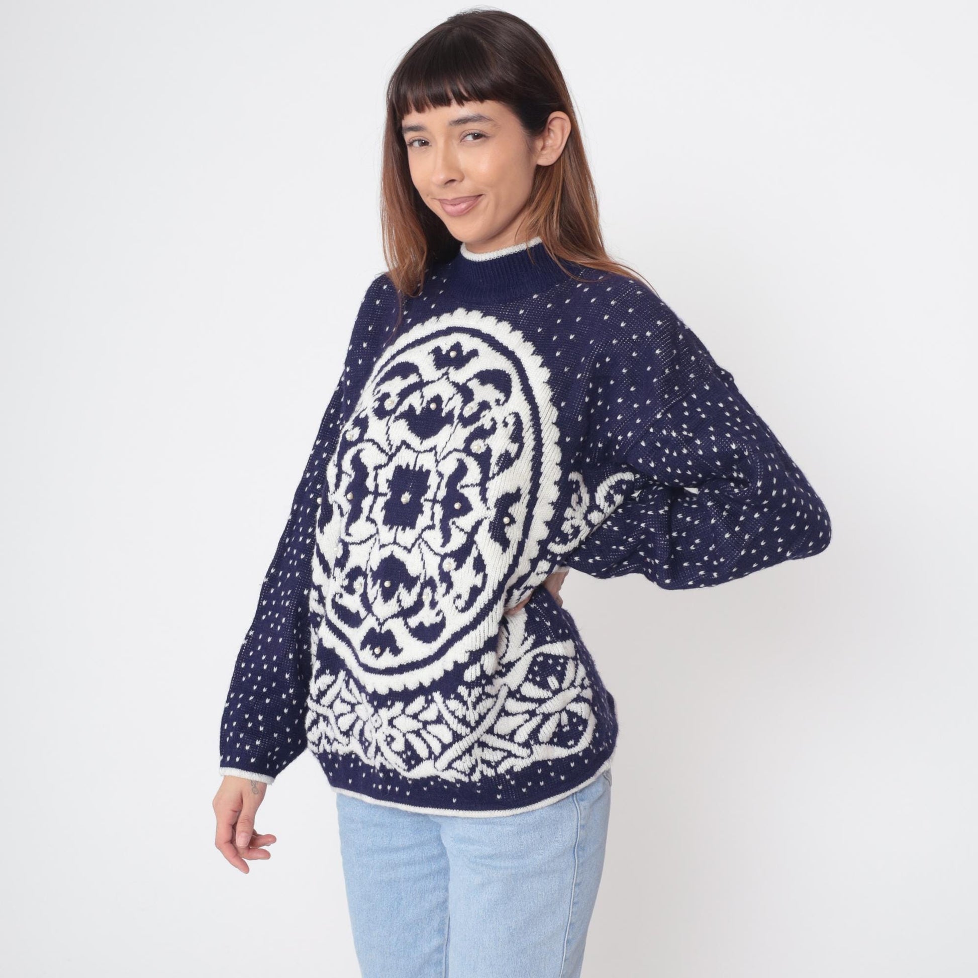 80s Navy Blue White Geometric Medallion Knit Sweater Beaded Crewneck Medium