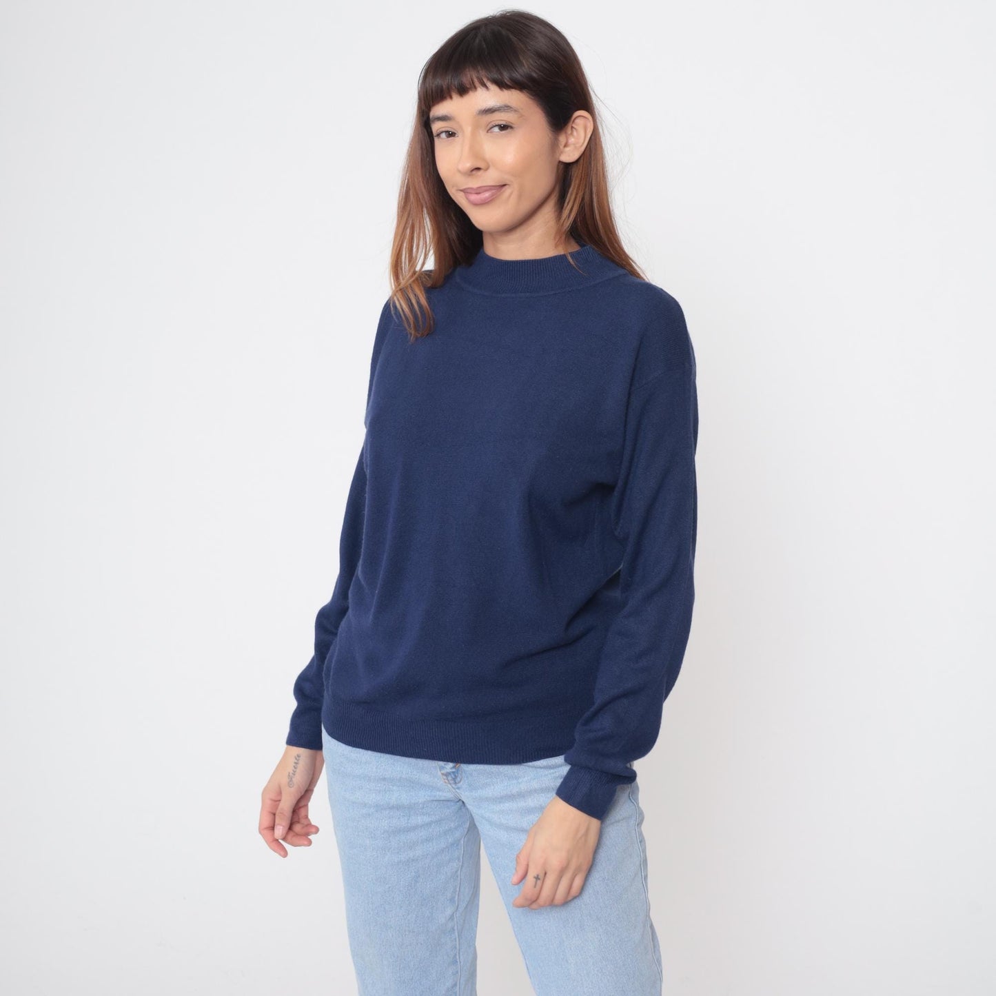 90s Navy Cashmere Sweater Mock Neck Pullover Medium M
