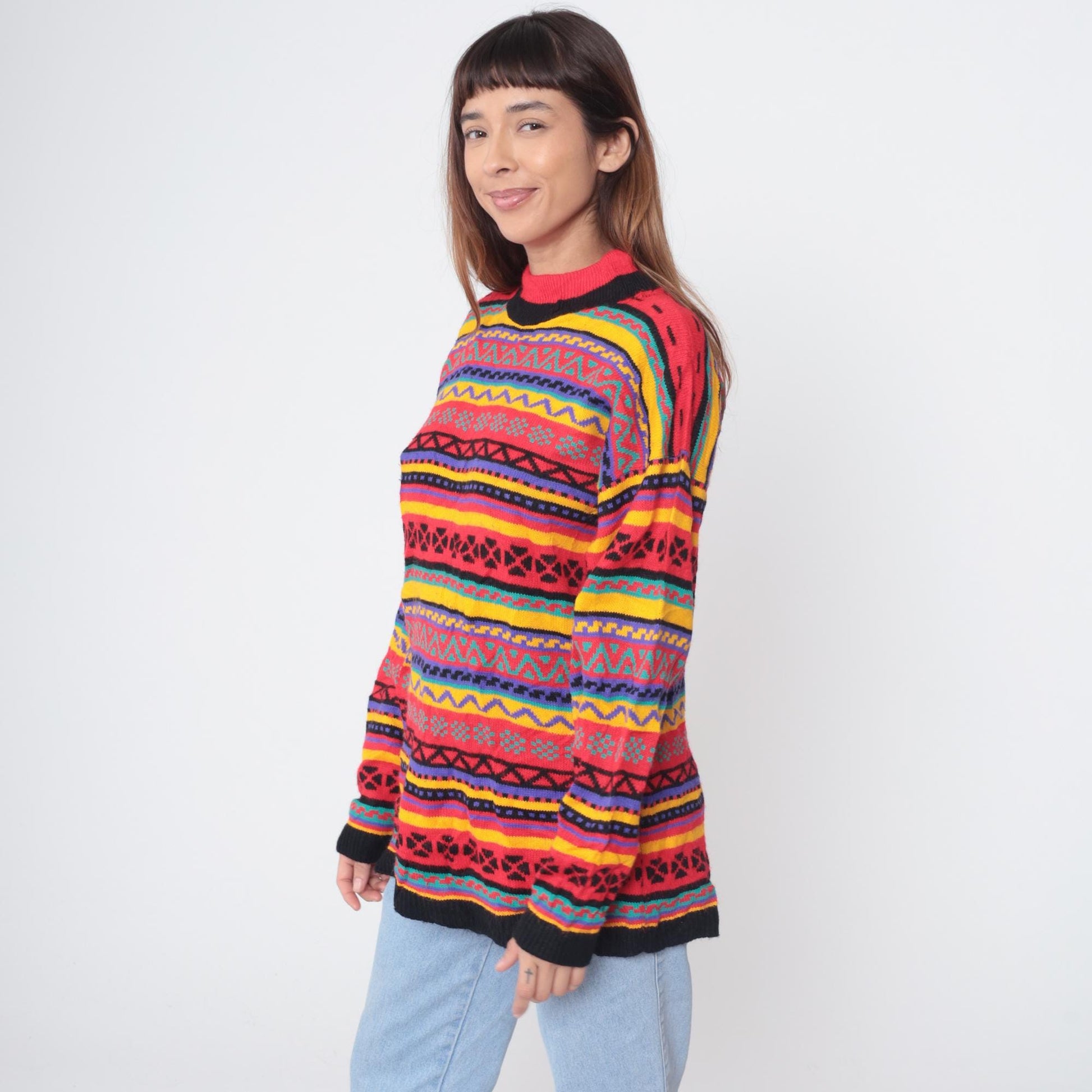 90s Green Lantern Aztec Geometric Sweater Multicolor Crew Neck Medium M
