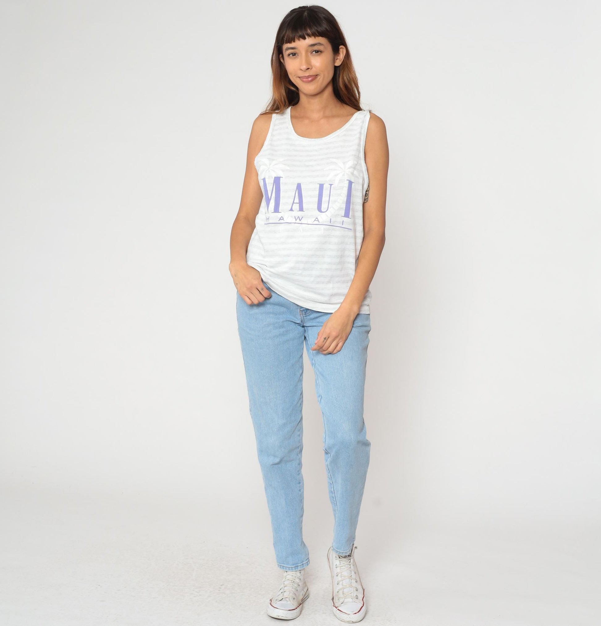 90s Maui Hawaii Tank Top White Stripe Purple Text Palm Tree Medium