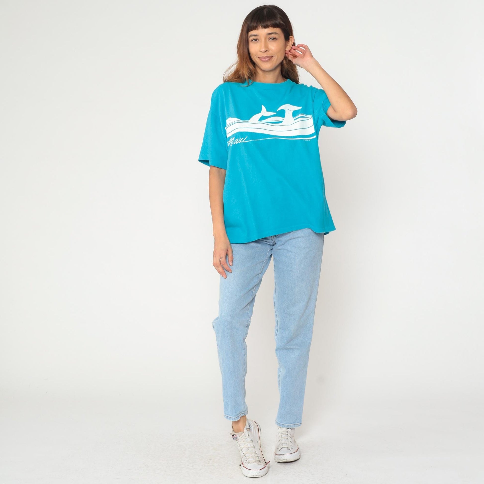 90s Maui Hawaii Whale Graphic Cotton T-Shirt Turquoise Wraparound Extra Large XL