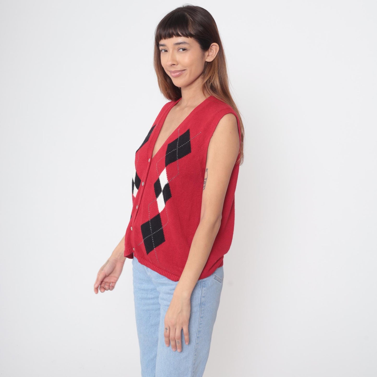 Sag Harbor Argyle Sweater Vest Red Black V-Neck Button Front Medium M