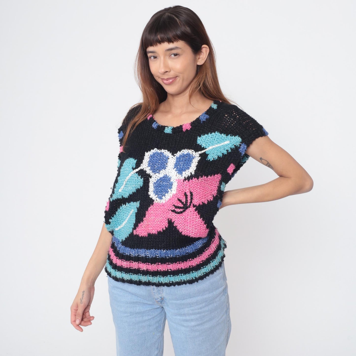 80s Sheridan Unique Knit Sweater Vest Black Floral Hot Pink Electric Blue Medium M