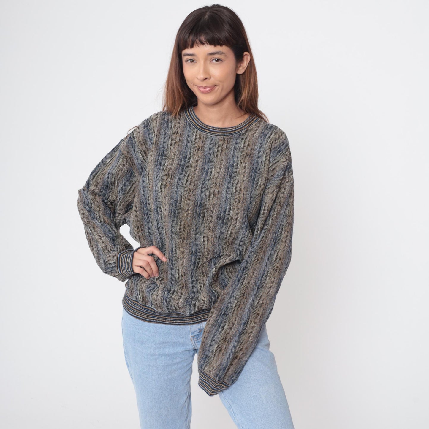 90s Jhane Barnes Knit Sweater Striped Crew Neck Earth Tone Large