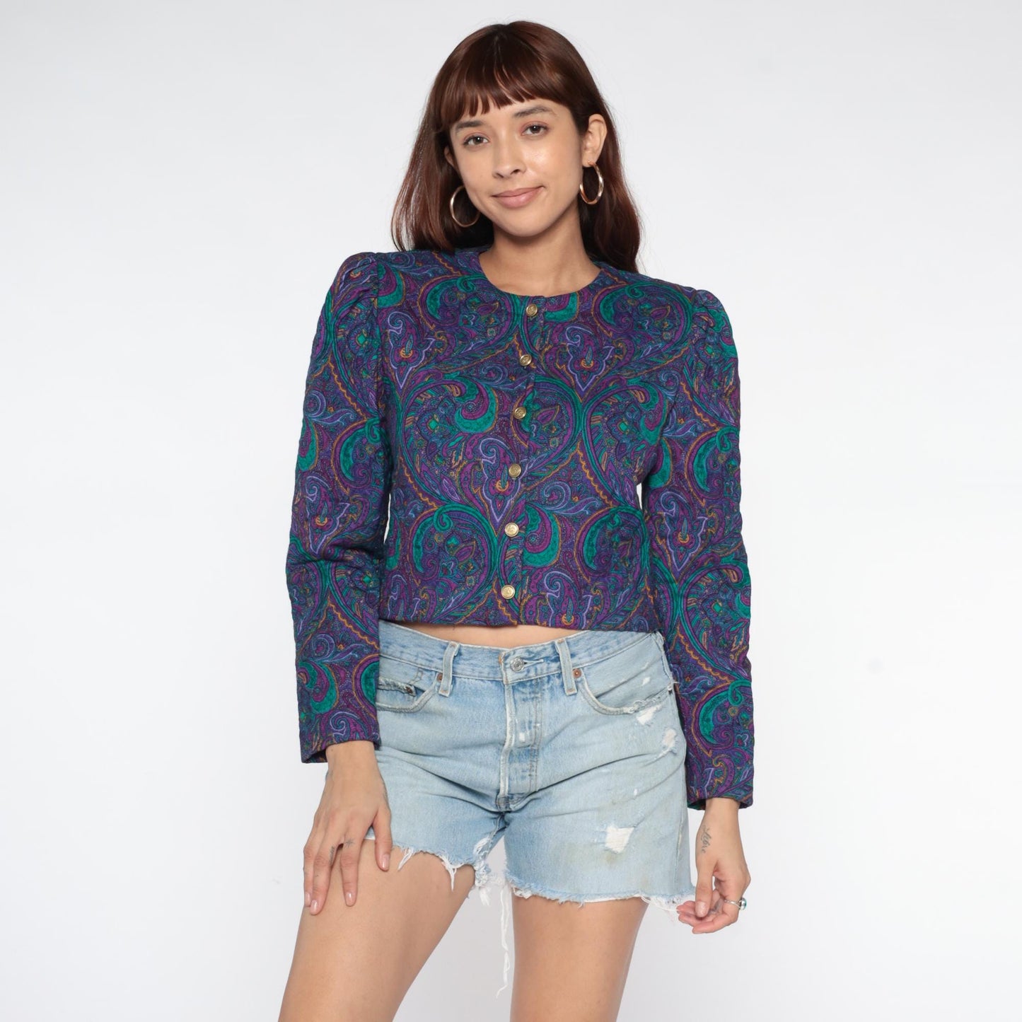 90s Jeffrey & Dare Purple Paisley Quilted Cropped Jacket Medium