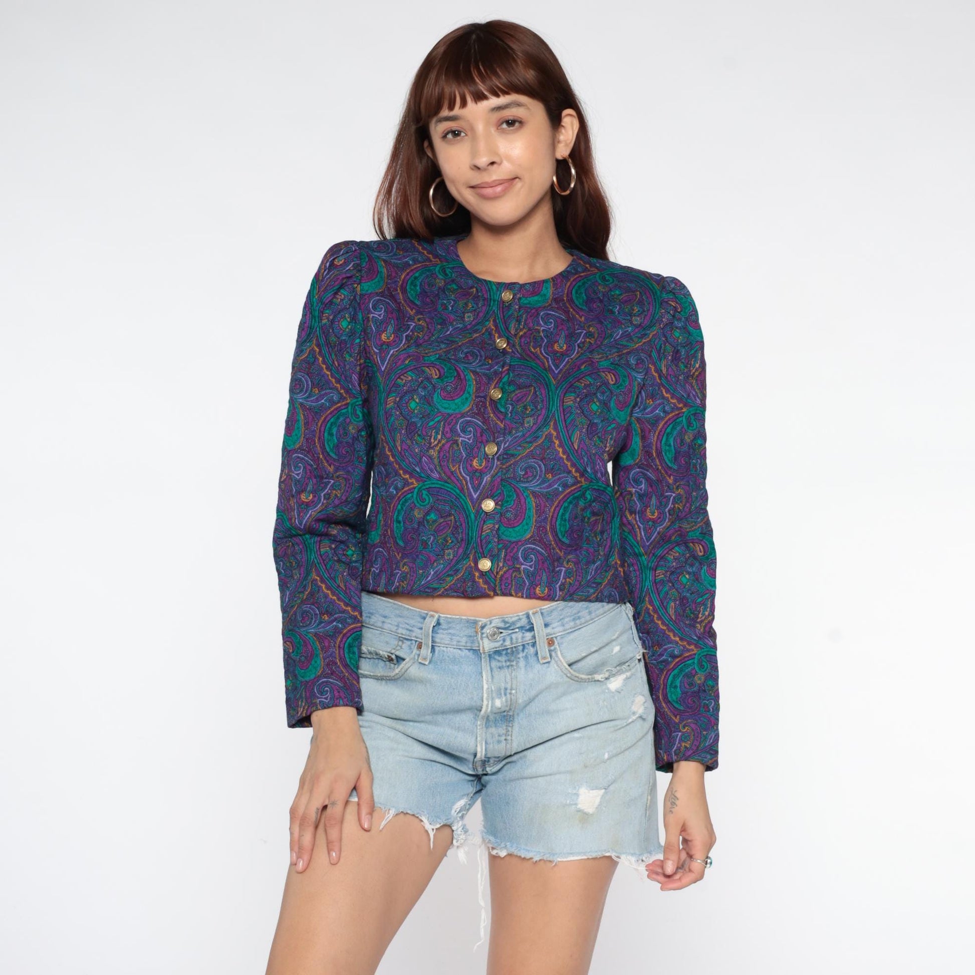 90s Jeffrey & Dare Purple Paisley Quilted Cropped Jacket Medium