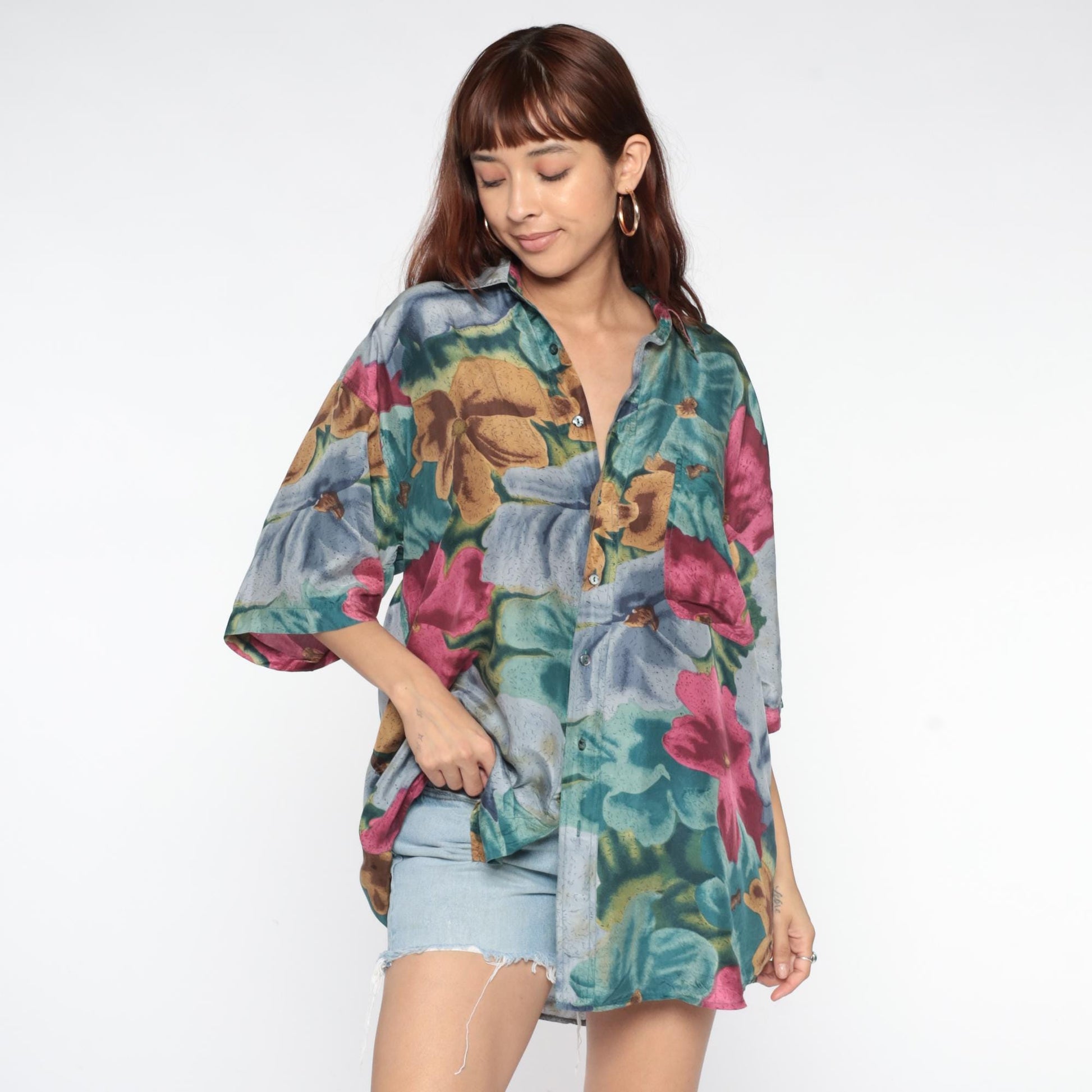 90s Silk Hawaiian Shirt Floral Print Teal Pink Blue Gold Extra Large XL
