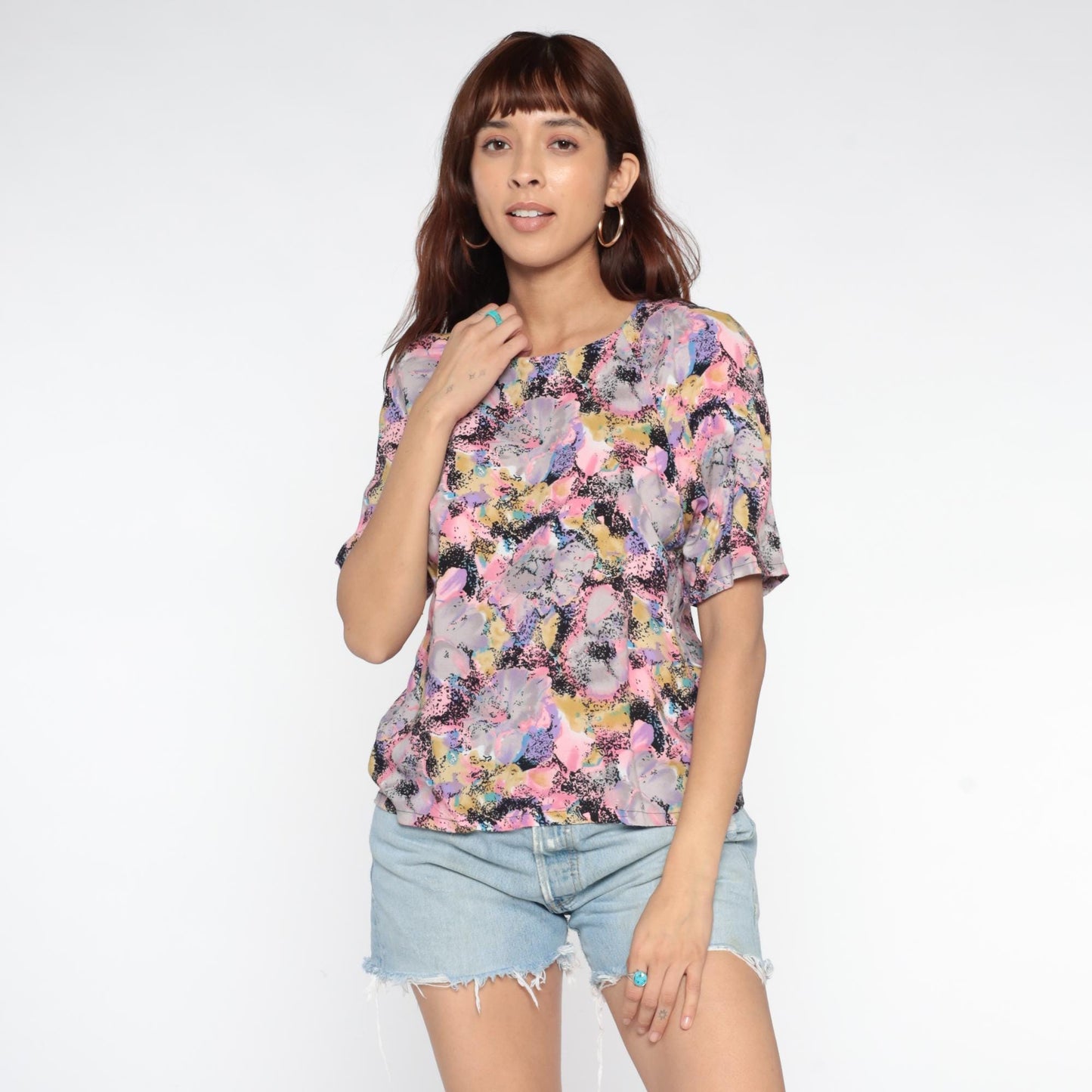 90s Floral Rayon Top Pastel Watercolor Print Scoop Neck Short Sleeve Small