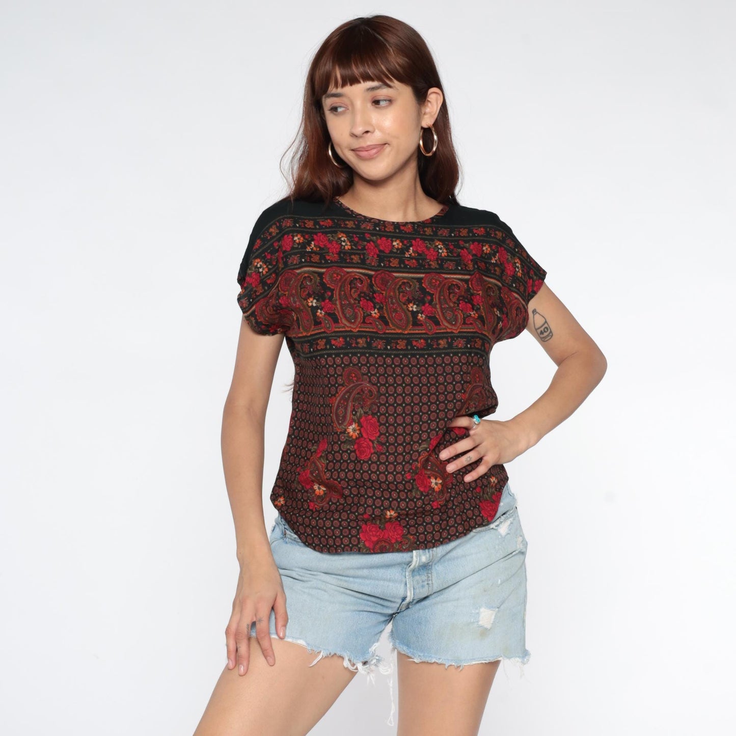 90s Paisley Floral Short Sleeve Blouse Black Burgundy Red Small S
