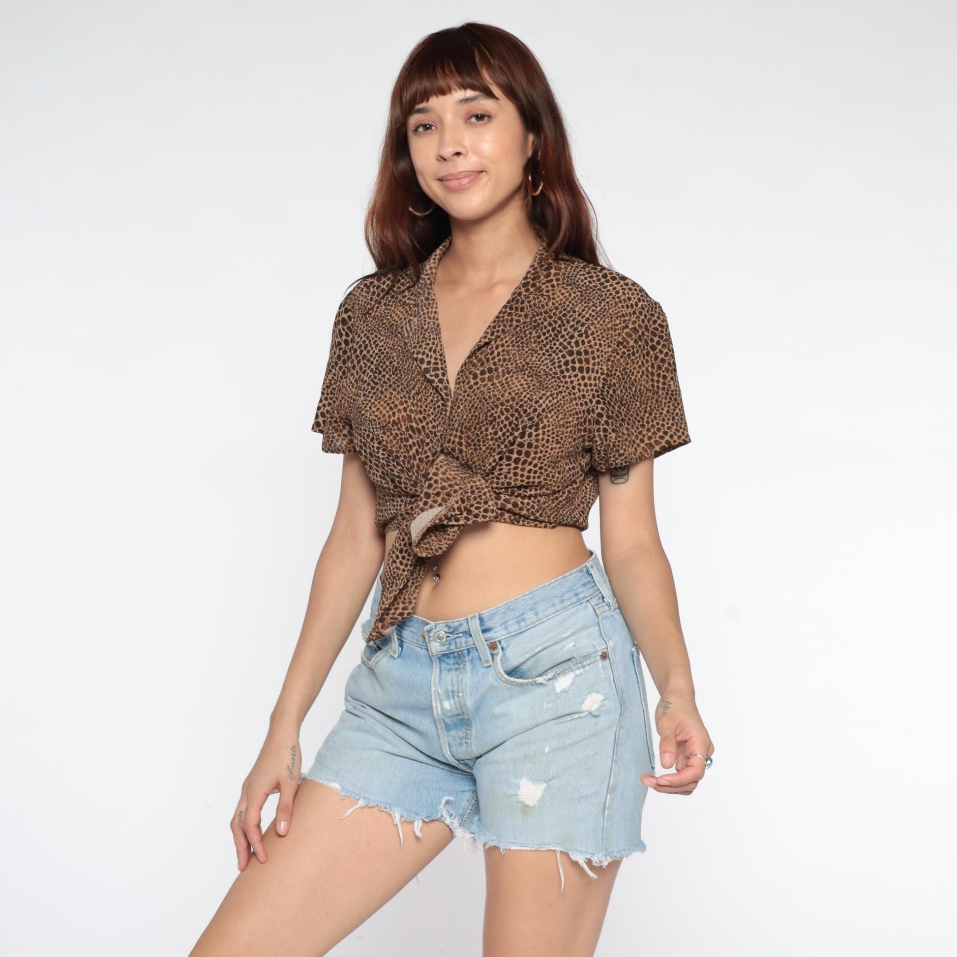 90s Leopard Print Button-Up Blouse Beige Brown Collared Short Sleeve Large L