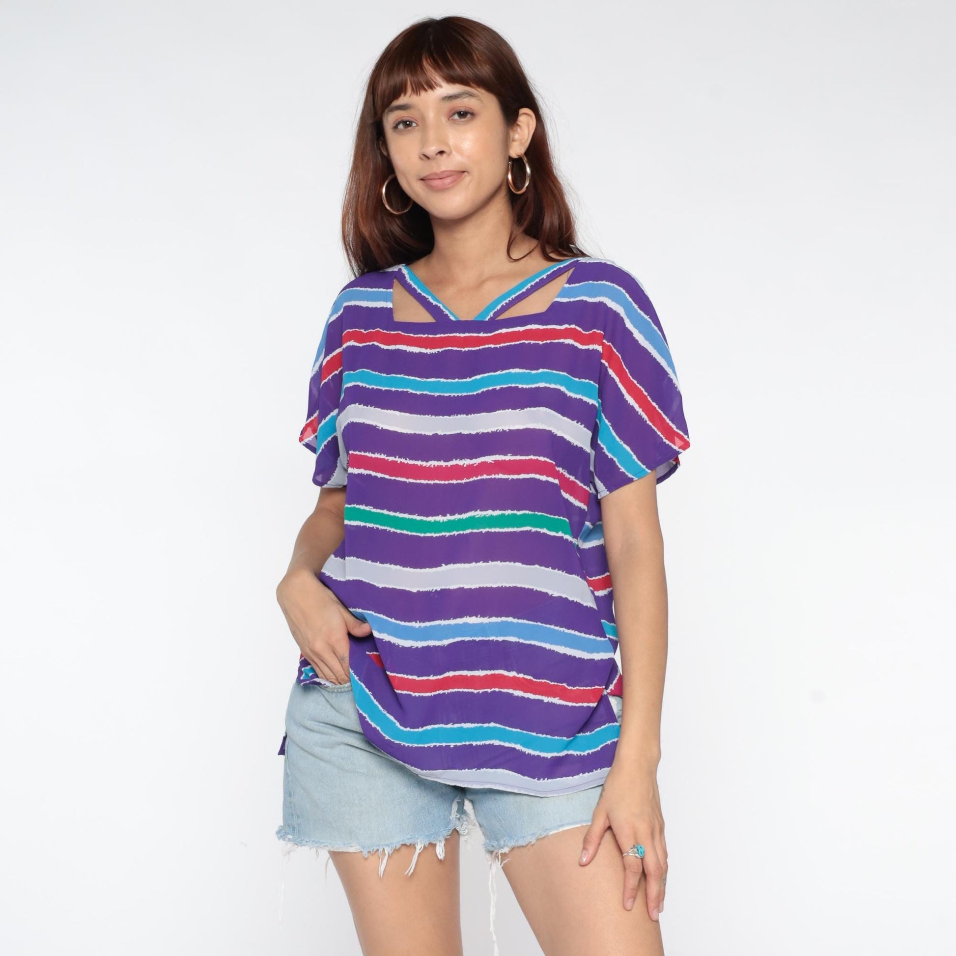 80s Purple Striped Tunic Cutout Back Geometric Short Sleeve Medium