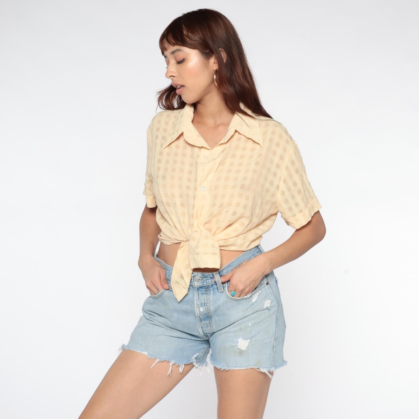 90s Denis Battochio Cream Gingham Button-Up Shirt Short Sleeve Medium M