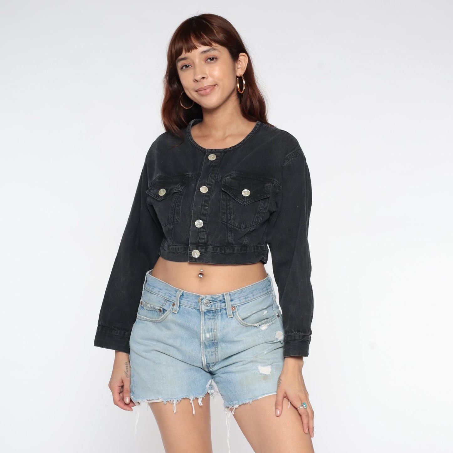 80s Black Denim Jacket Cropped Fitted Collarless Bleach Distressed Small S