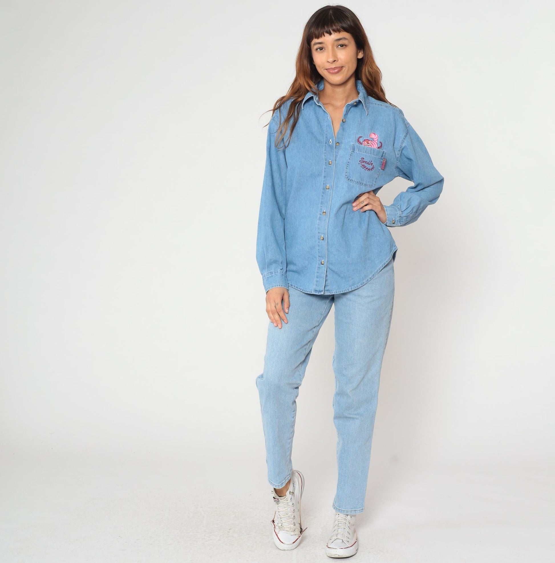 90s Disney Cheshire Cat Denim Shirt Embroidered Button Up Small