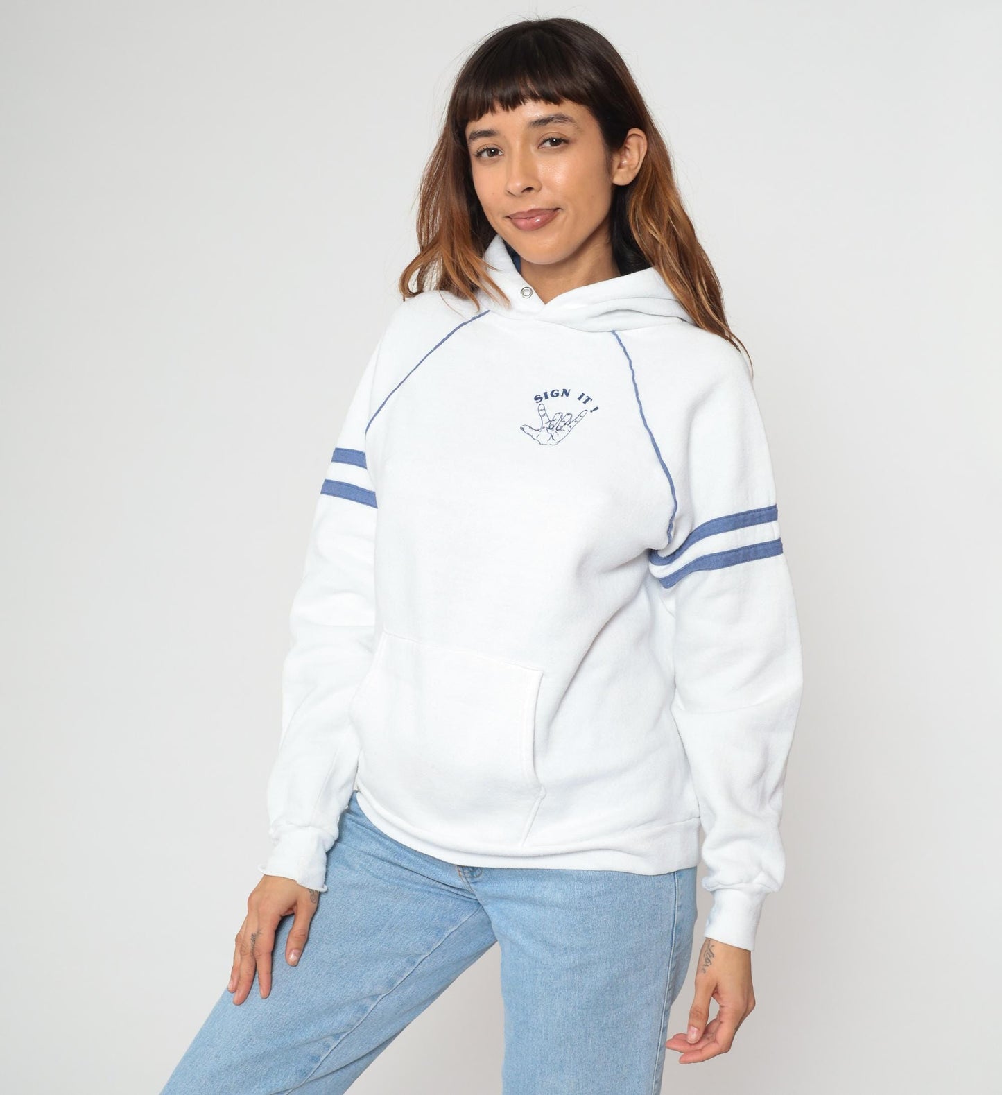 80s Jerzees Sign Language Hoodie White Blue Varsity Raglan Large