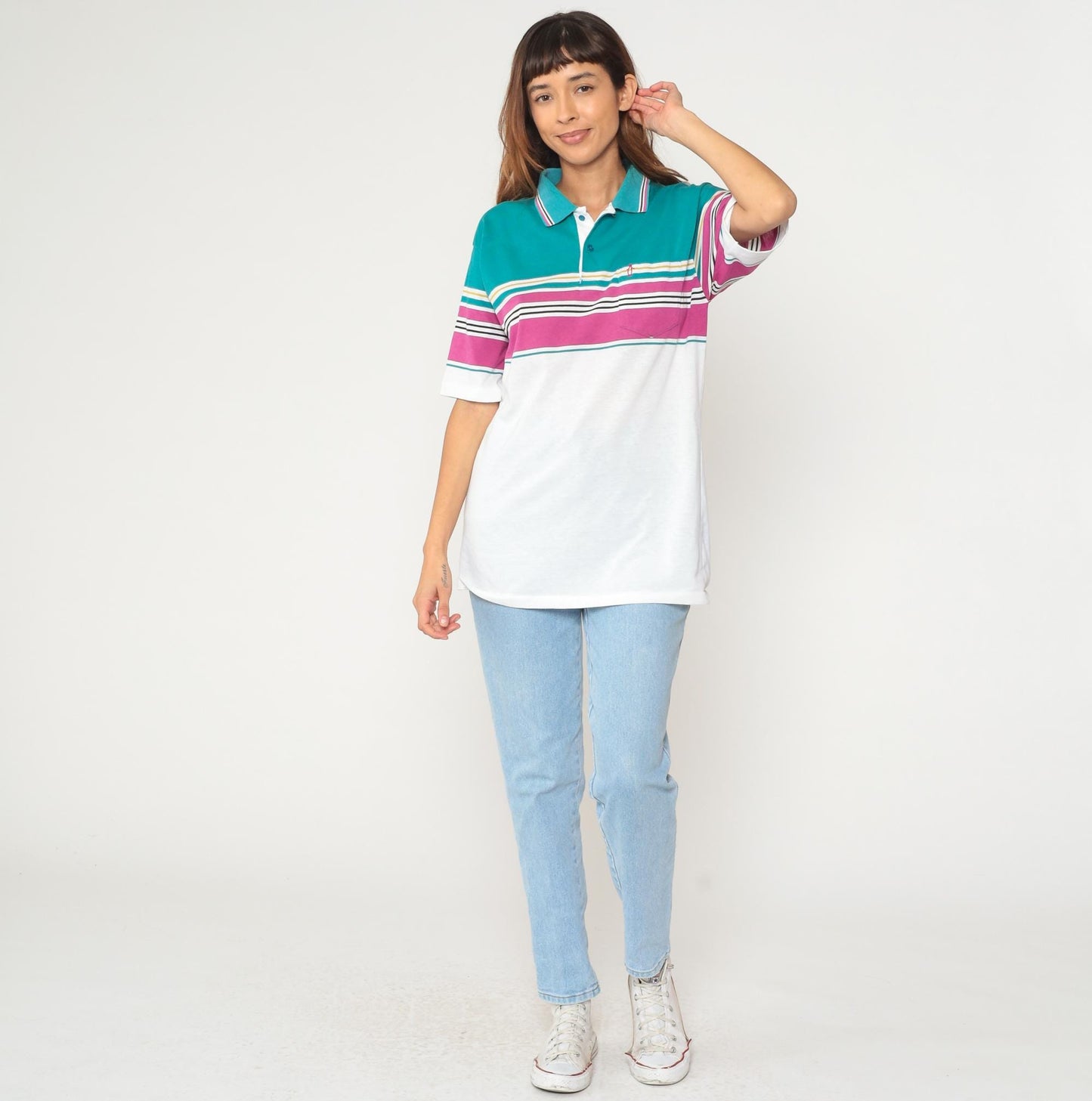 80s Penguin Striped Polo Shirt White Teal Purple Gold Quarter Button Medium