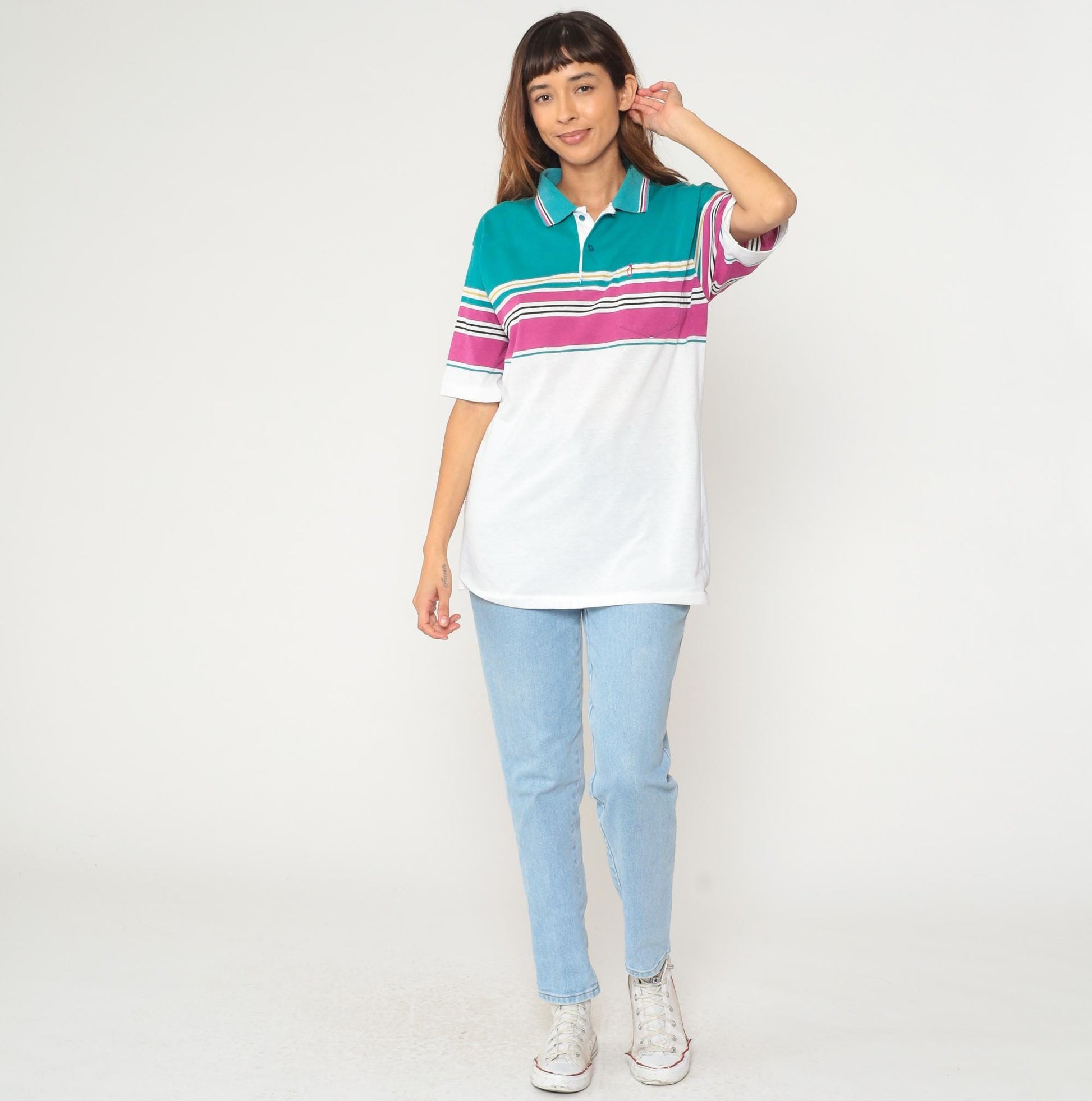 80s Penguin Striped Polo Shirt White Teal Purple Gold Quarter Button Medium