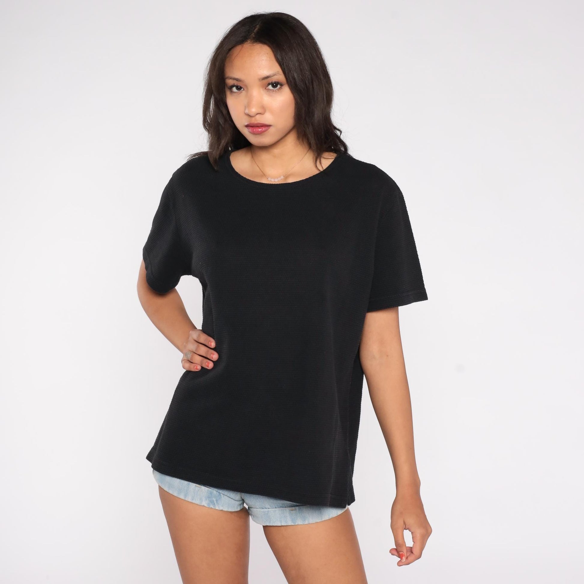 90s Black Crew Neck T-Shirt Cotton Blend Minimalist Vintage Tee Large L