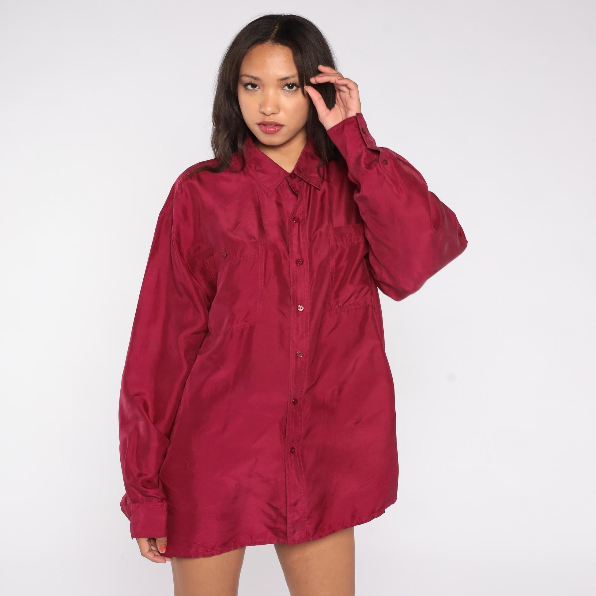90s Bogari Burgundy Silk Button-Up Shirt Large L