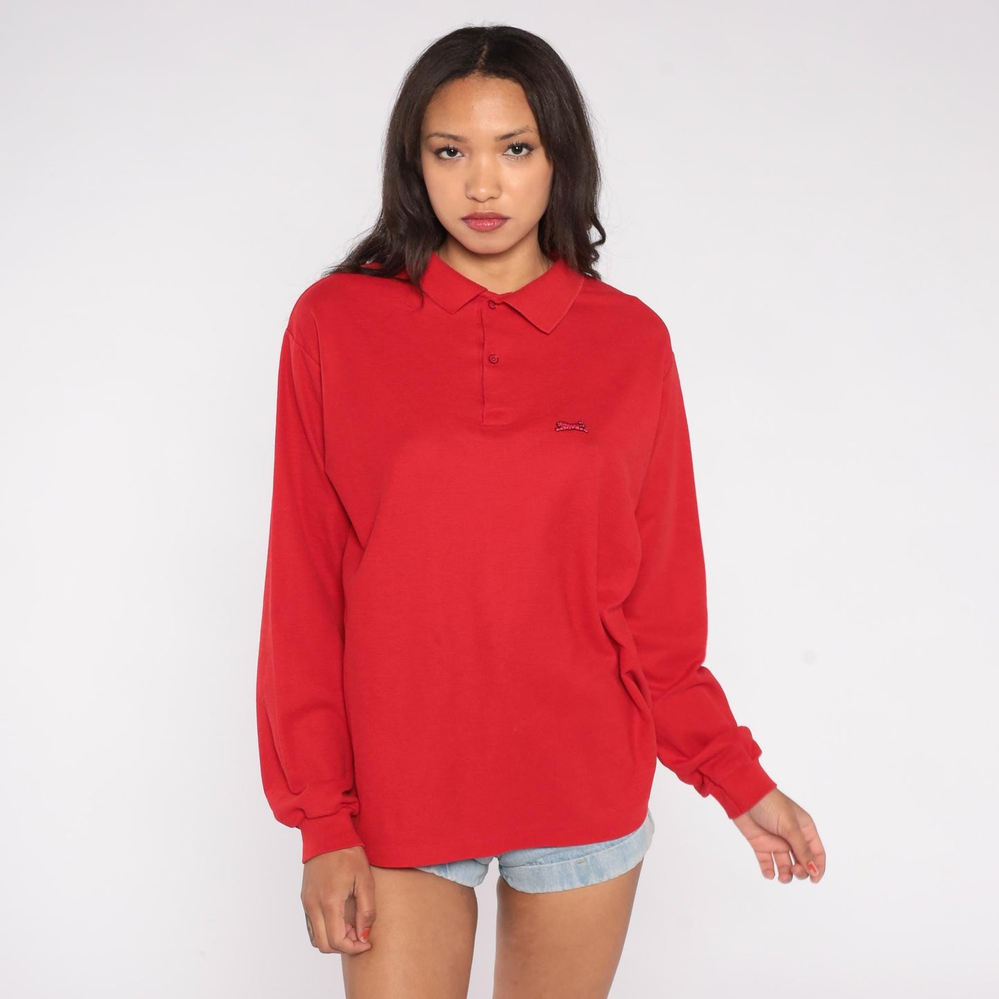 80s LeTigre Red Polo Shirt Long Sleeve Embroidered Logo Extra Large XL