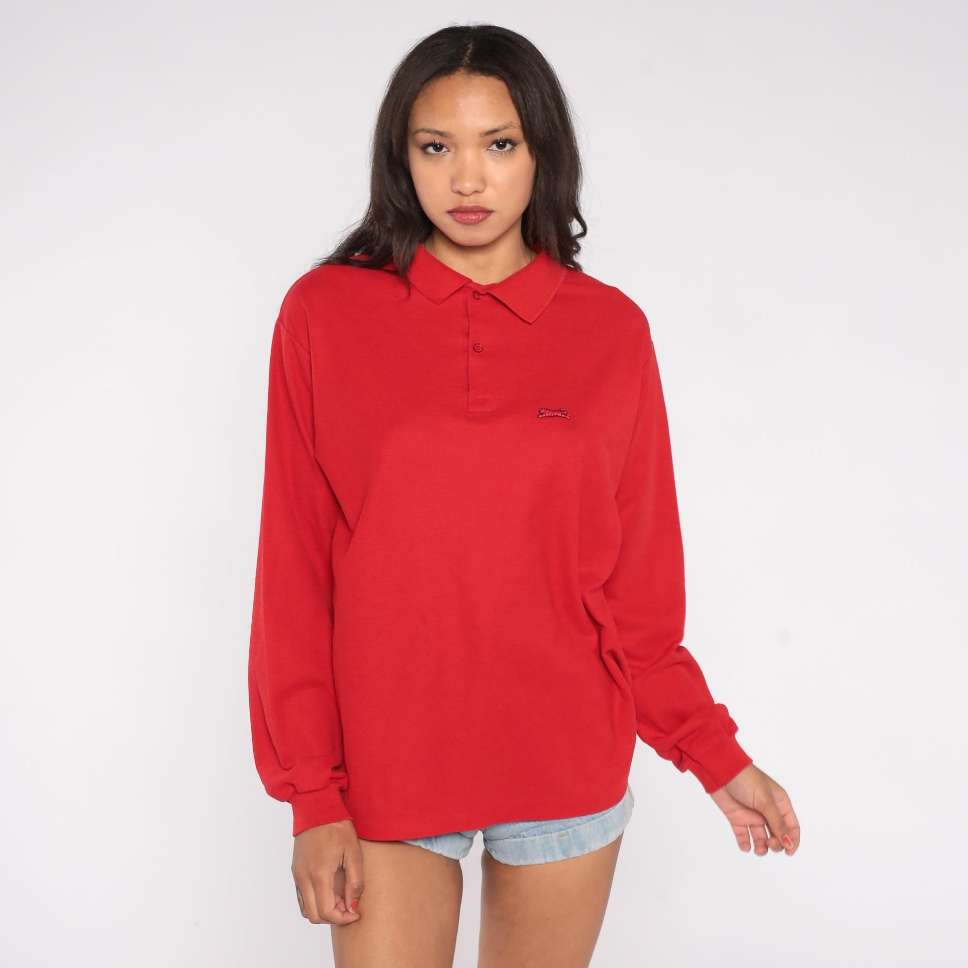 80s LeTigre Red Polo Shirt Long Sleeve Embroidered Logo Extra Large XL