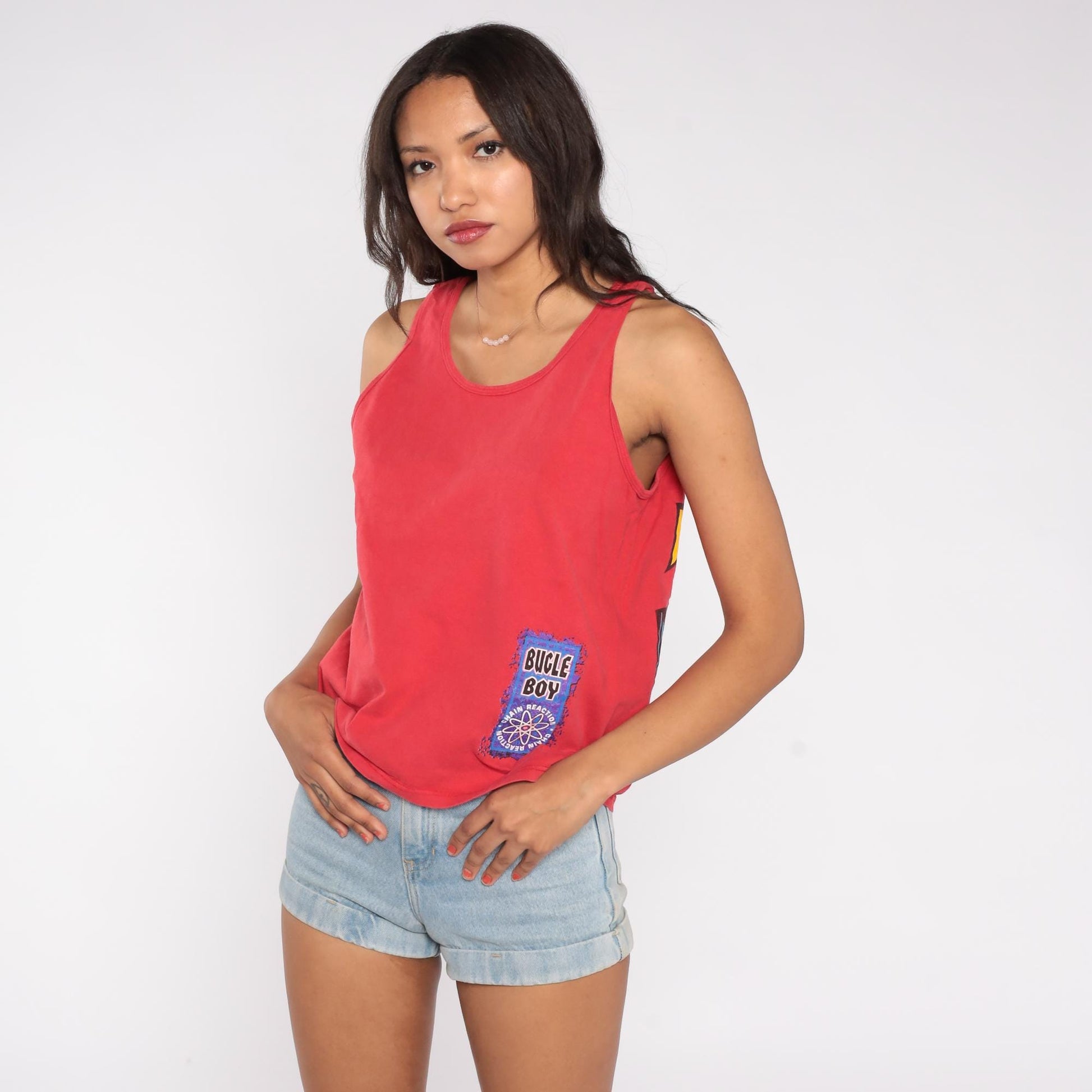 90s Bugle Boy Active Red Tank Top Chain Reaction Atom Graphic Small