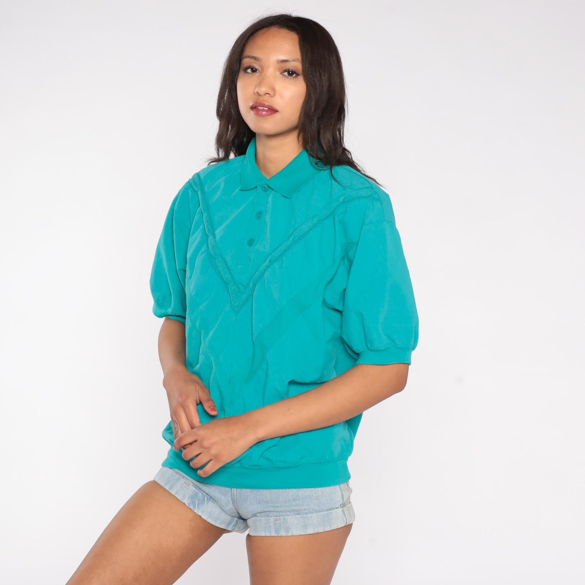 90s Teal Textured Polo Shirt Collared Short Sleeve Button Front Medium