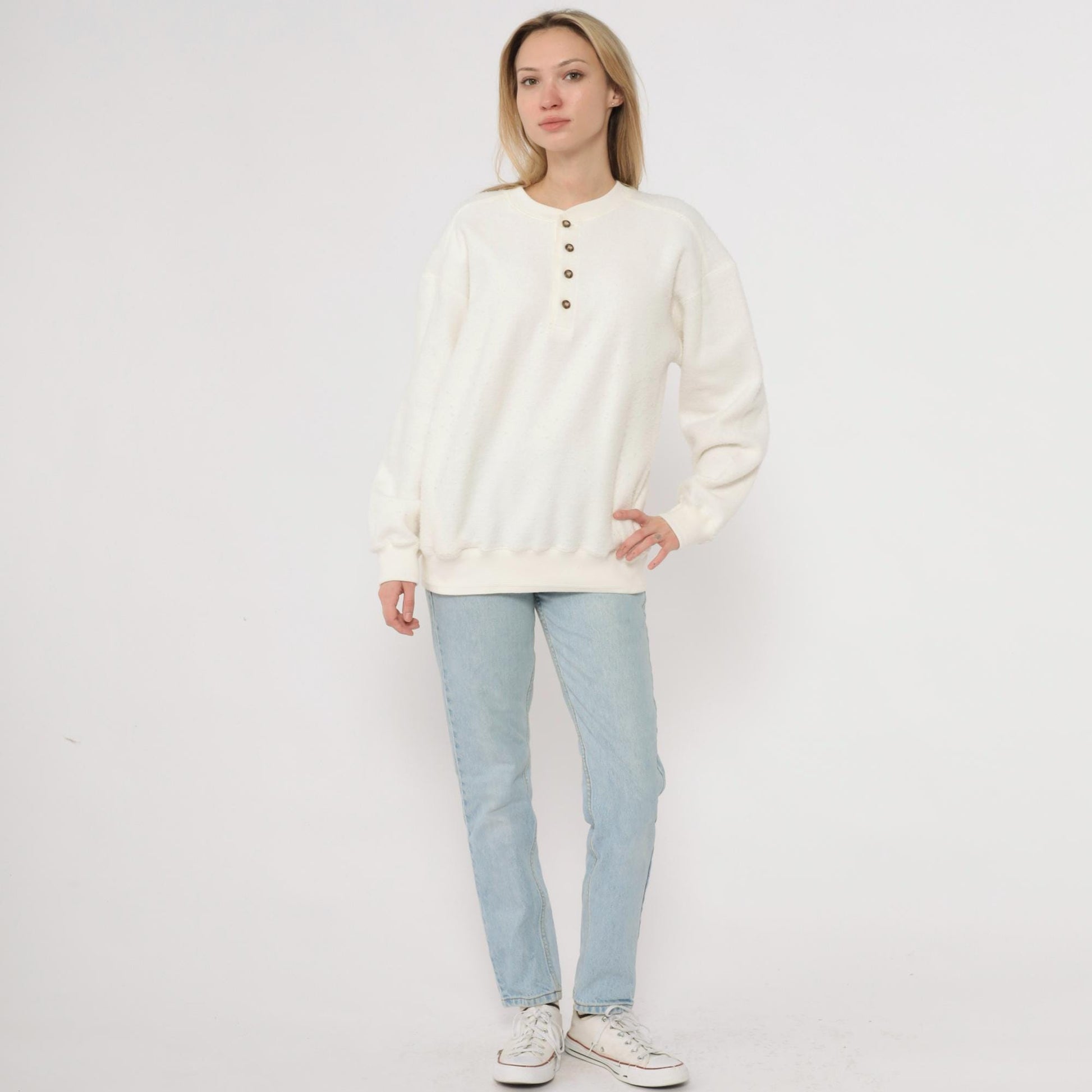 80s Claybrooke Sport White Henley Reverse Weave Cotton Sweatshirt Small S