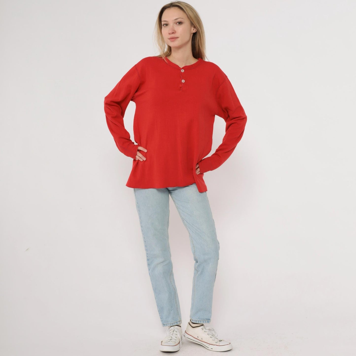 80s LL Bean Red Henley Shirt Cotton Blend Long Sleeve Medium