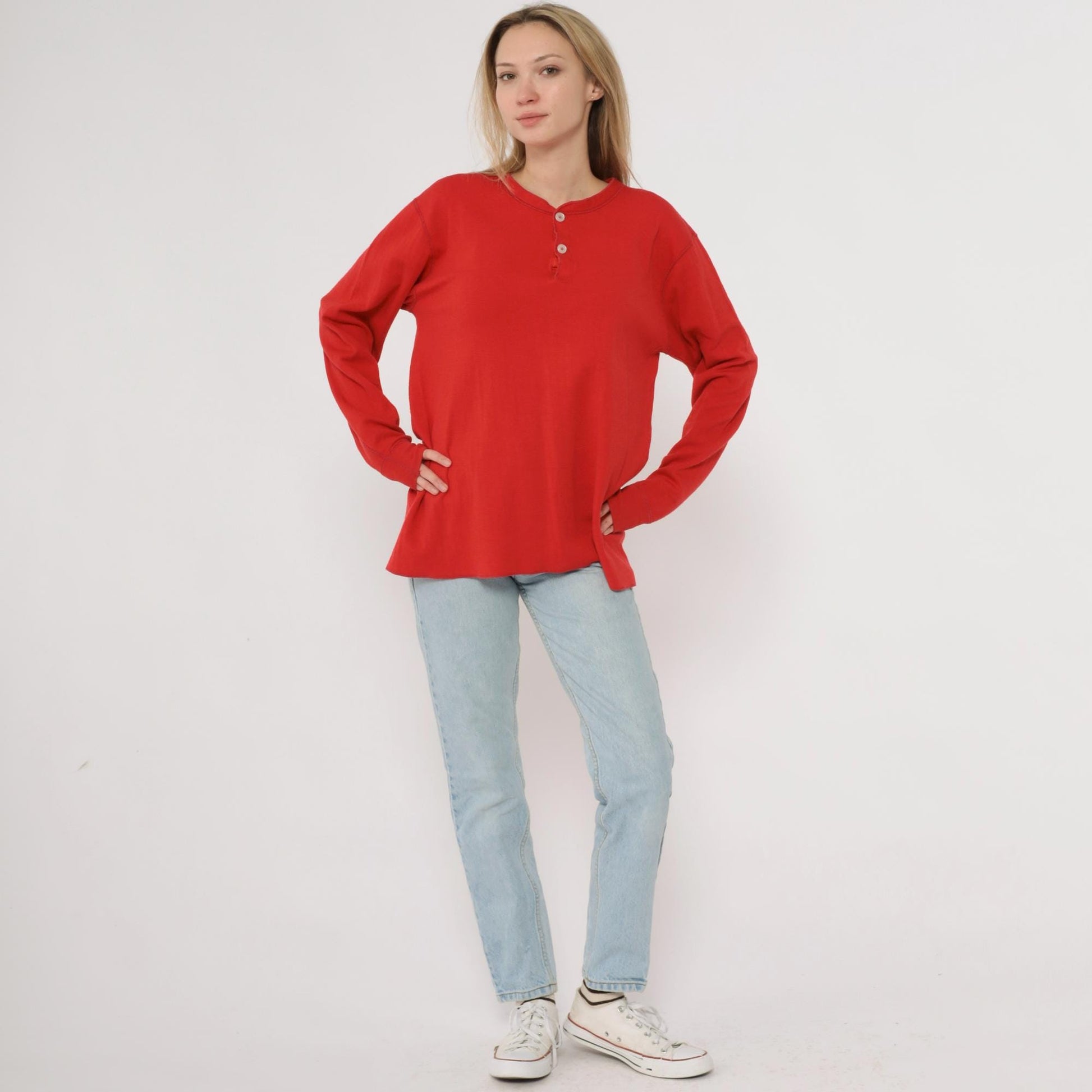 80s LL Bean Red Henley Shirt Cotton Blend Long Sleeve Medium