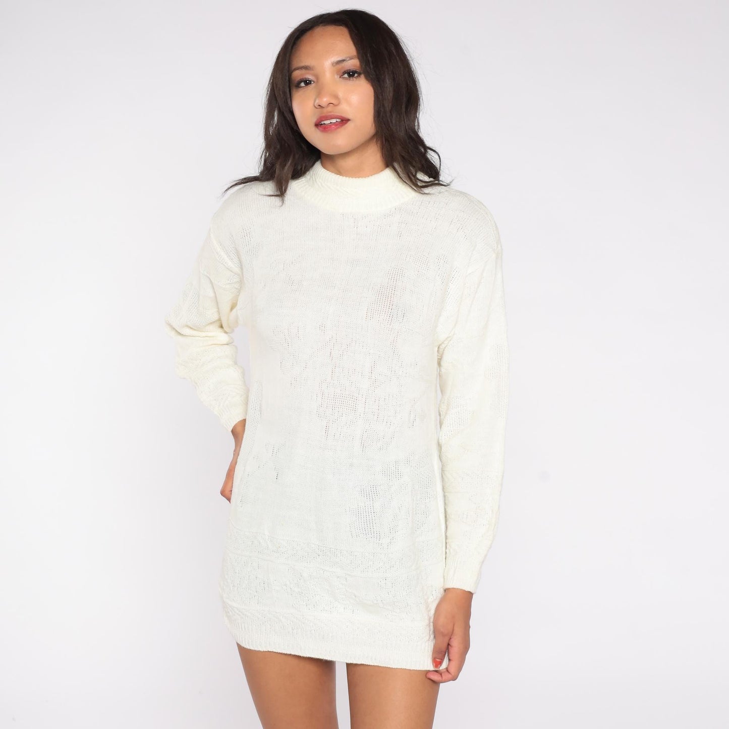 80s Village Fair Cream Mock Turtleneck Knit Sweater Small S