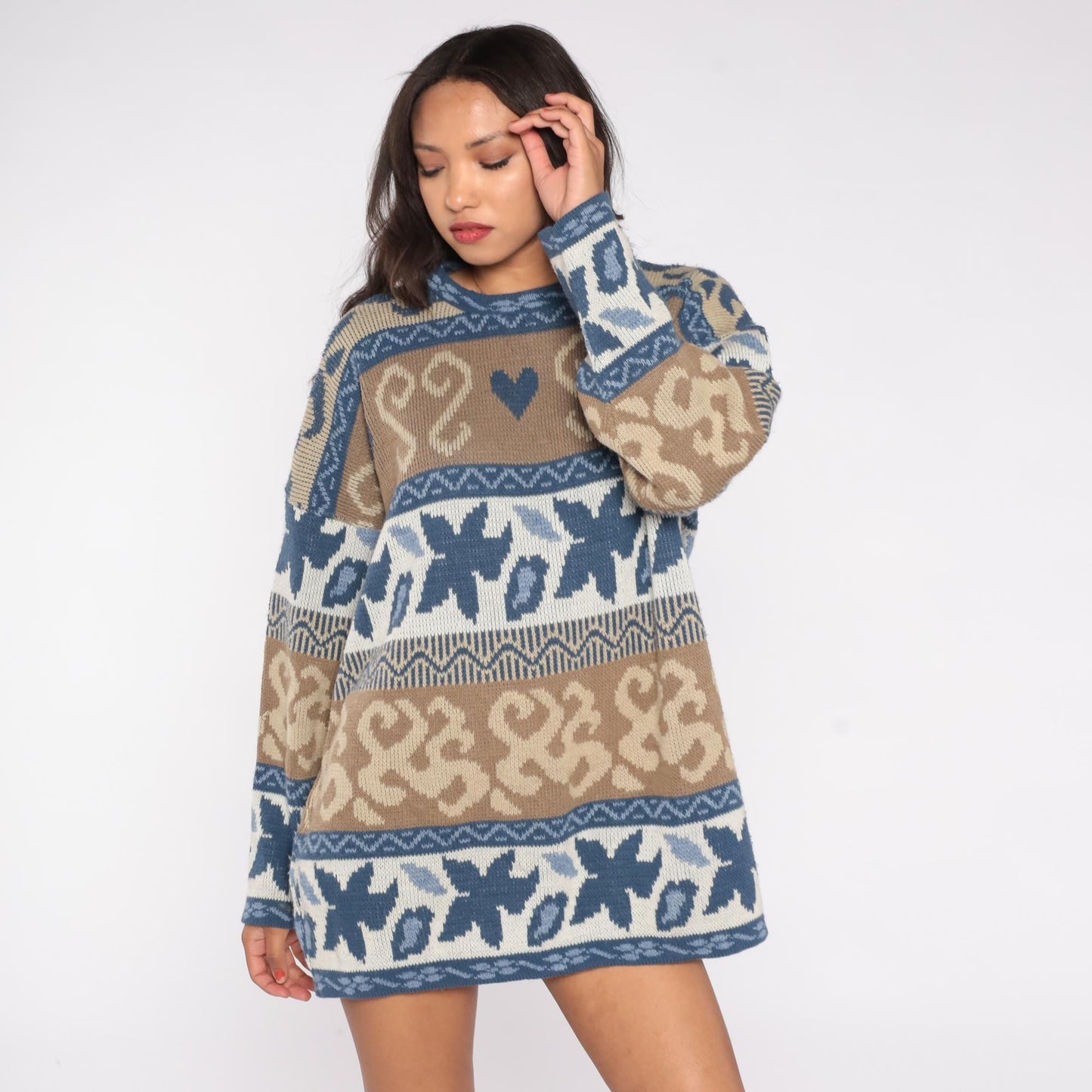 80s Nan Dorsey Fair Isle Sweater Nordic Hearts Blue Brown Geometric Knit Extra Large