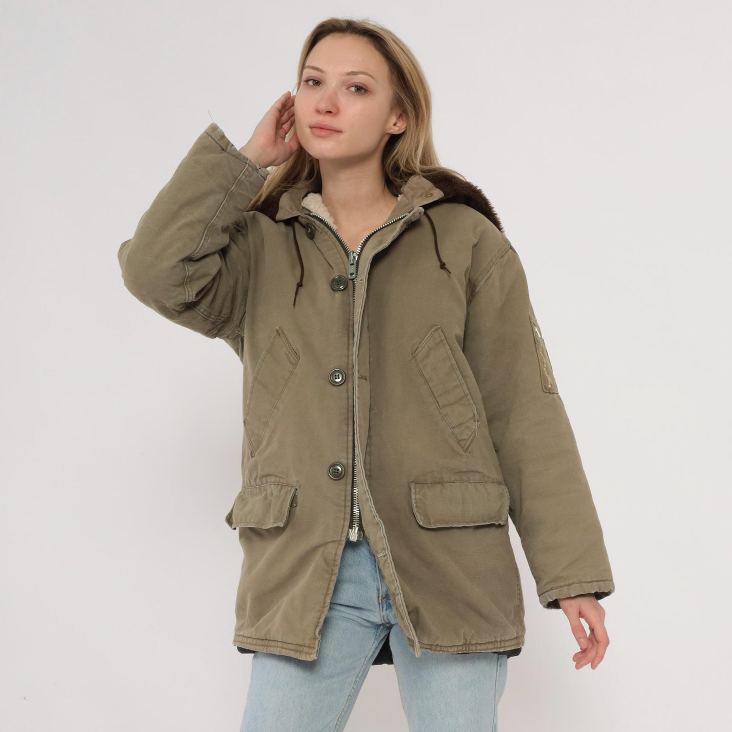 WWII B-9 Parka 1943-1945 Olive Military Cotton Sherpa Lined Hooded Jacket Medium