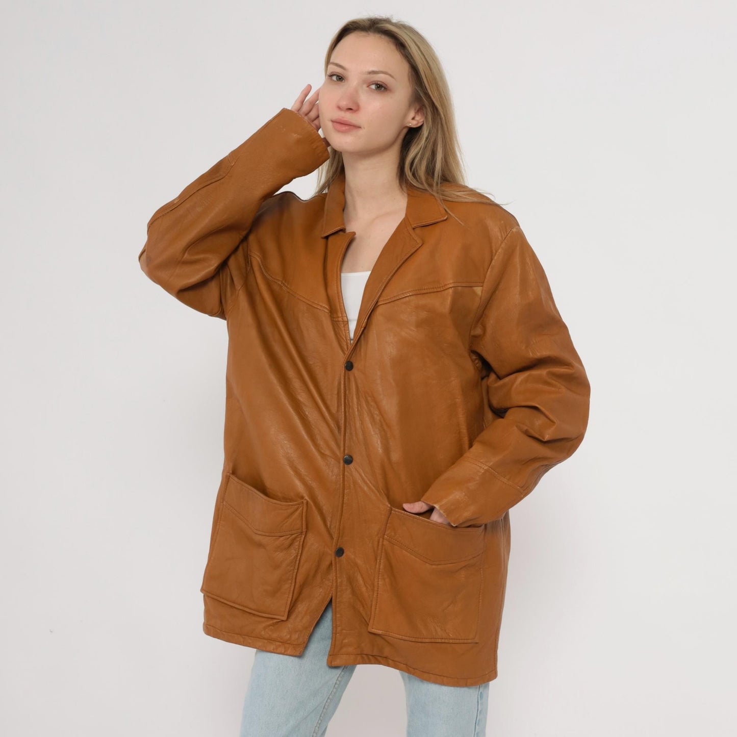 80s Camel Leather Blazer Button Front Patch Pockets Long Sleeve Large L
